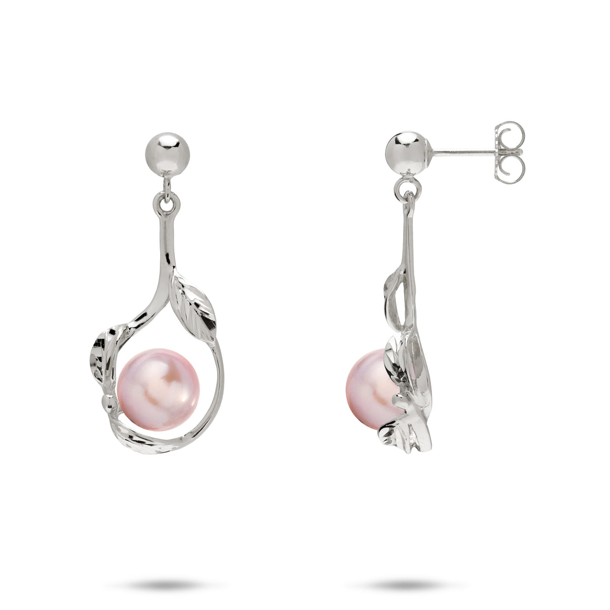 23mm Pick A Pearl Maile Earrings in 14k White Gold with Lavender Pearls on a white background