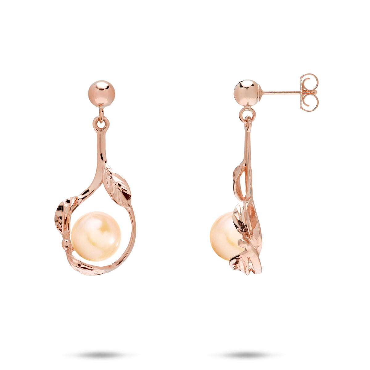 23mm Pick A Pearl Maile Earrings in 14k Rose Gold with Peach Pearls on a white background