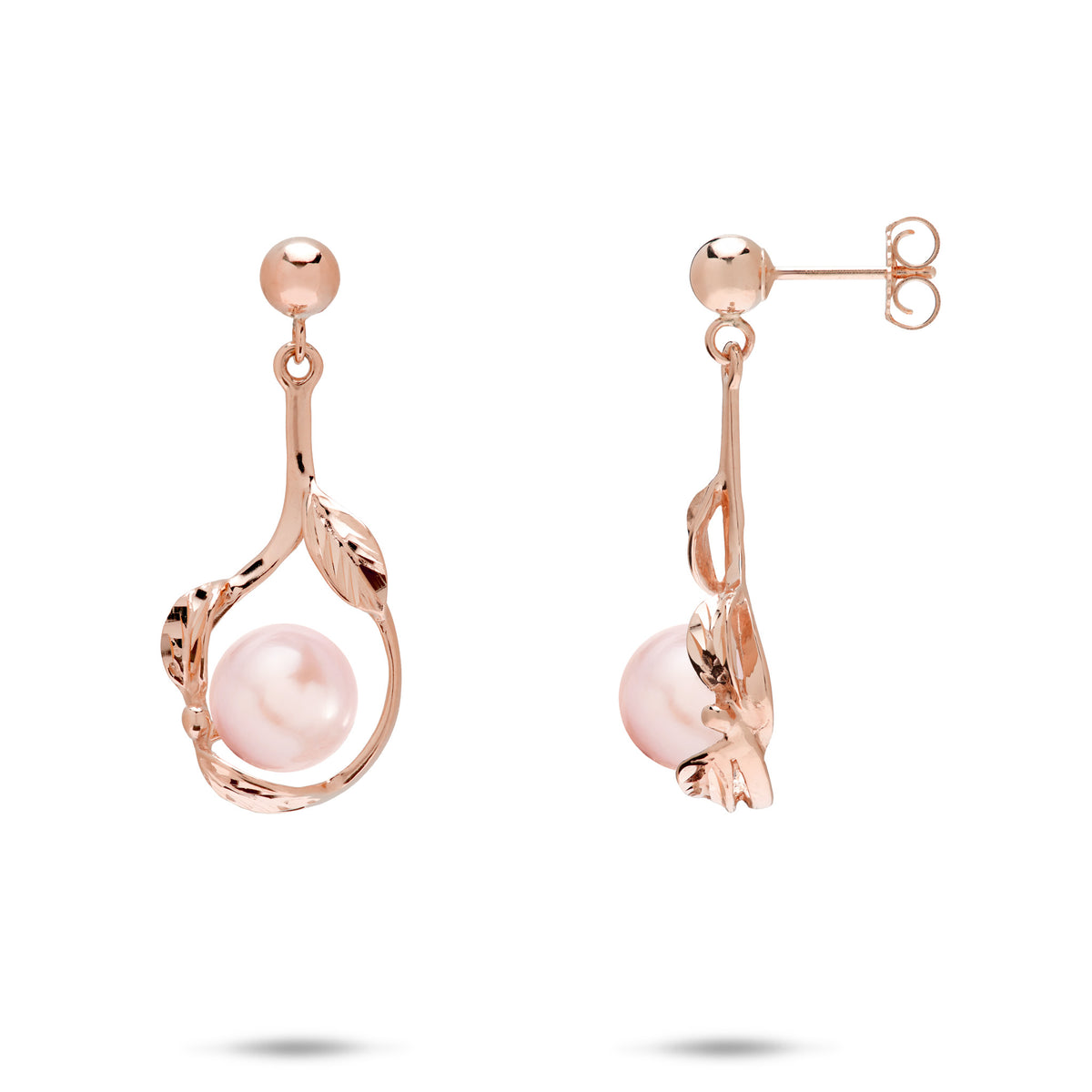 23mm Pick A Pearl Maile Earrings in 14k Rose Gold with Pink Pearls on a white background