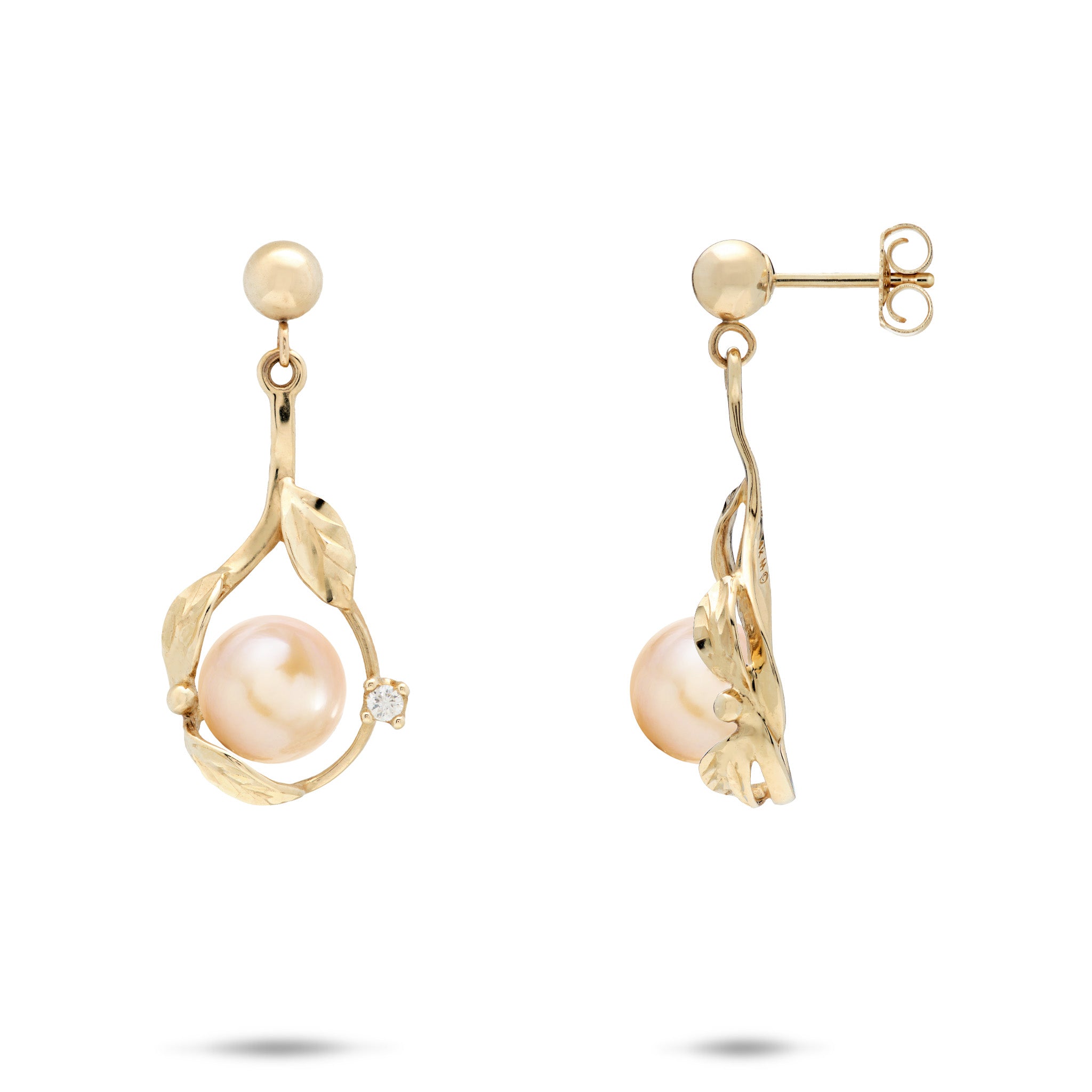 Diamond-cut Maile Leaf Teardrop Ball Post Earrings in 14k Yellow Gold with Diamond Accents and Peach Freshwater Pearls on a white background