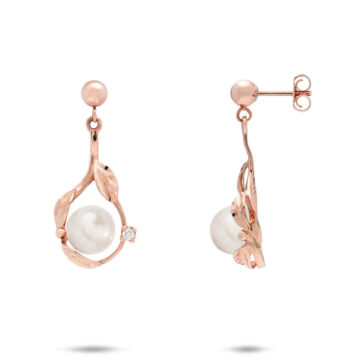 Diamond-cut Maile Leaf Teardrop Ball Post Earrings in 14k Rose Gold with Diamond Accents and White Freshwater Pearls on a white background