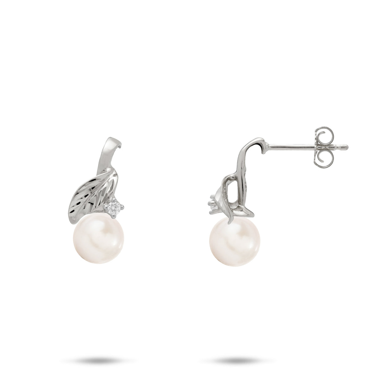 A pair of 14k white gold diamond-cut maile lef stud earrings with a single diamond accent and white freshwater pearl, shown with a front and side view against a white background