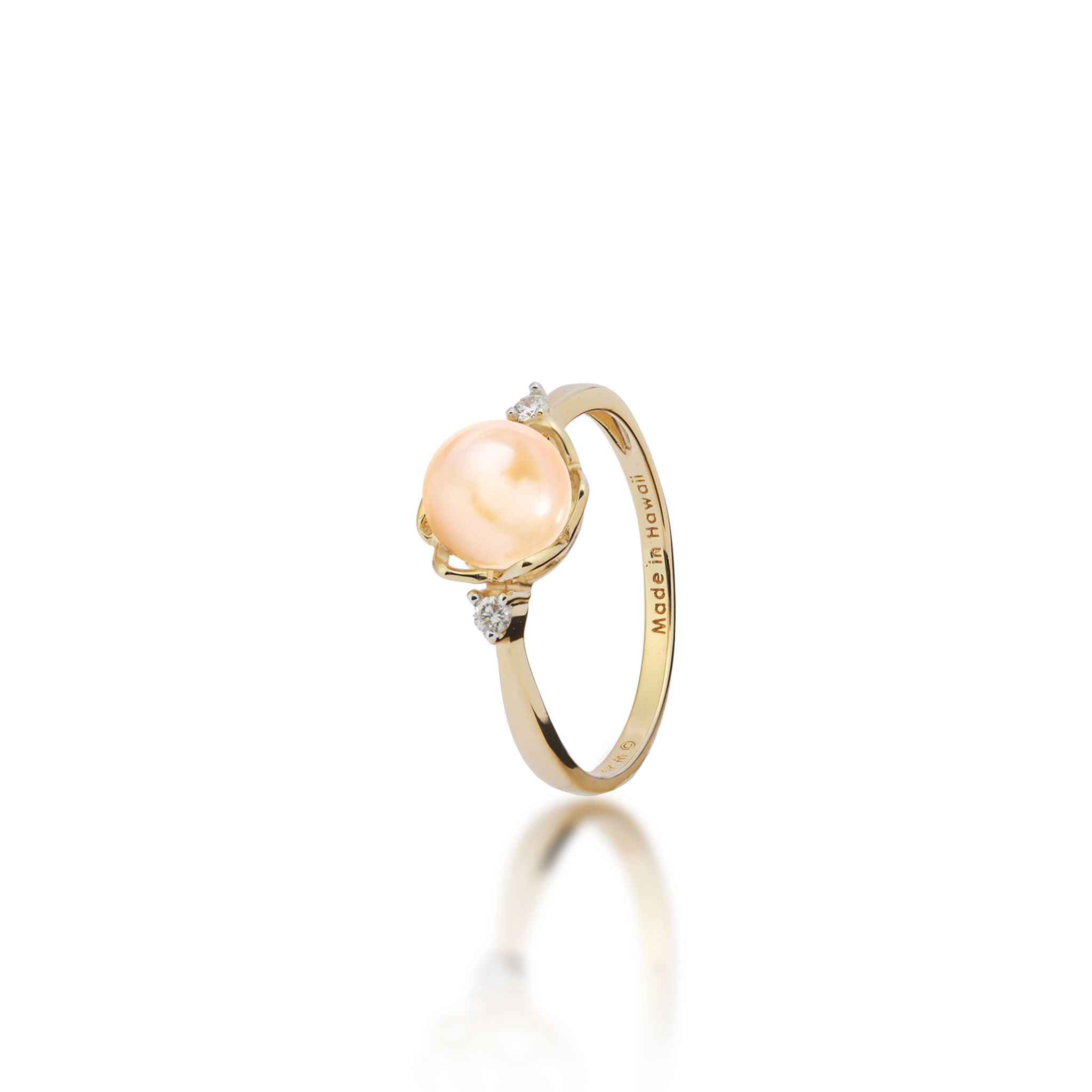 Pick A Pearl Crown Ring in Gold with Diamonds and a Peach Pearl on a white background