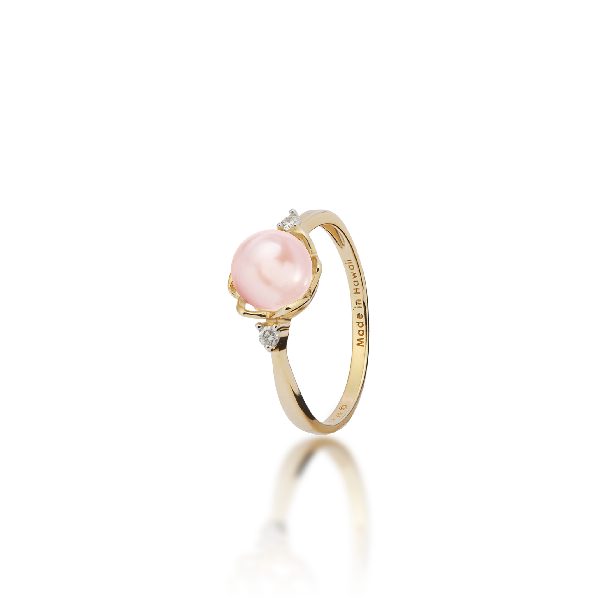 Pick A Pearl Crown Ring in Gold with Diamonds and a Pink Pearl on a white background