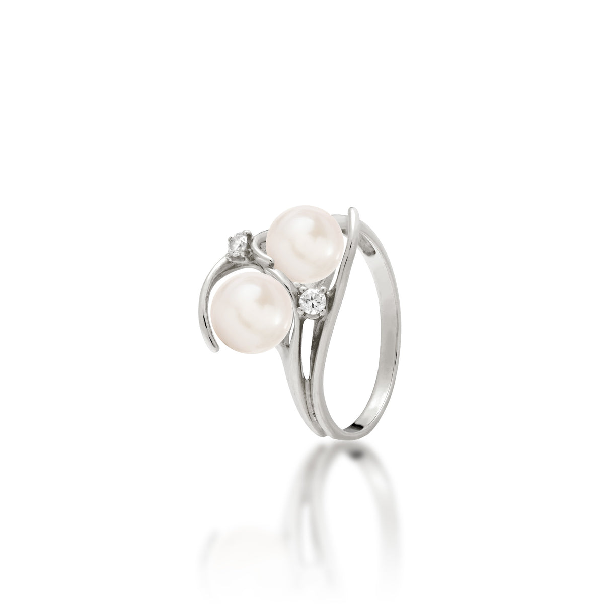 Pick A Pearl Ring in 14k White Gold with Diamonds and Double White Pearls on a white background