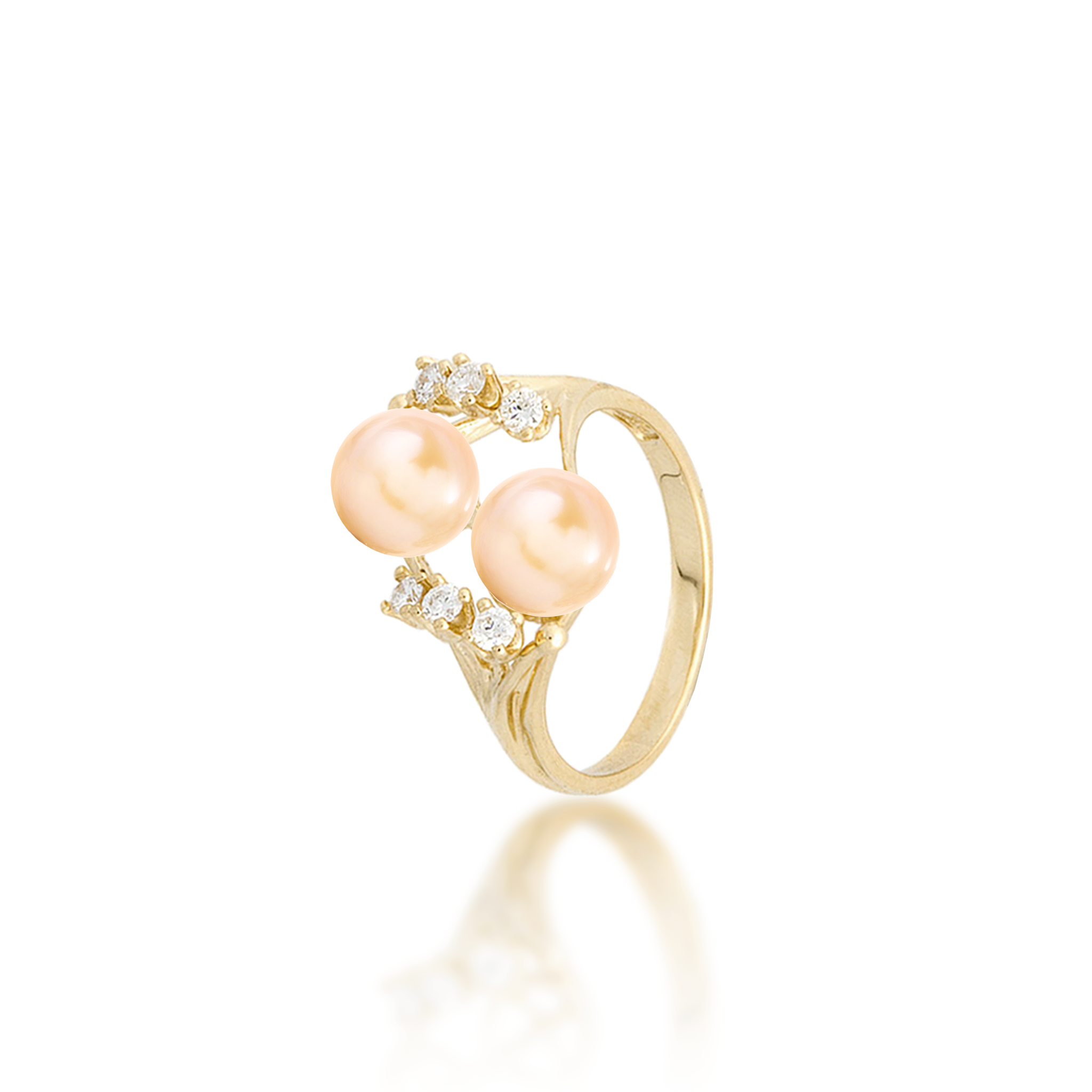 Pick A Pearl 8 Island Ring in Gold with Diamonds and Double Peach Pearls on a white background