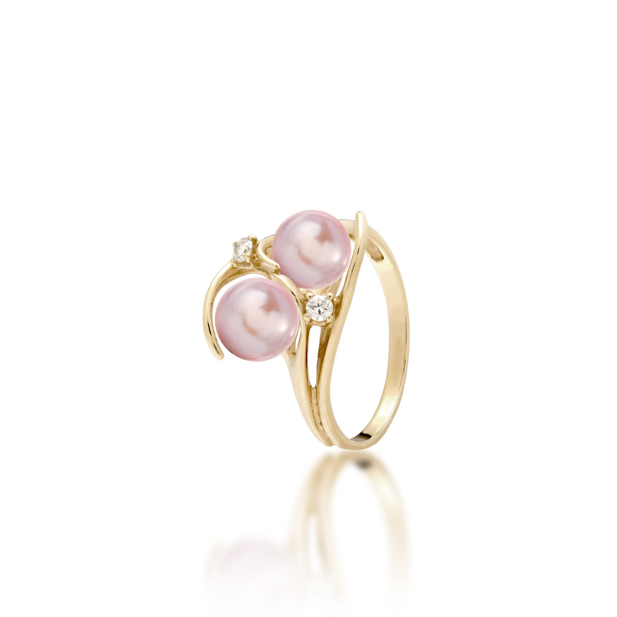 Pick A Pearl Ring in 14k yellow Gold with Diamonds and Double Lavender Pearls on a white background
