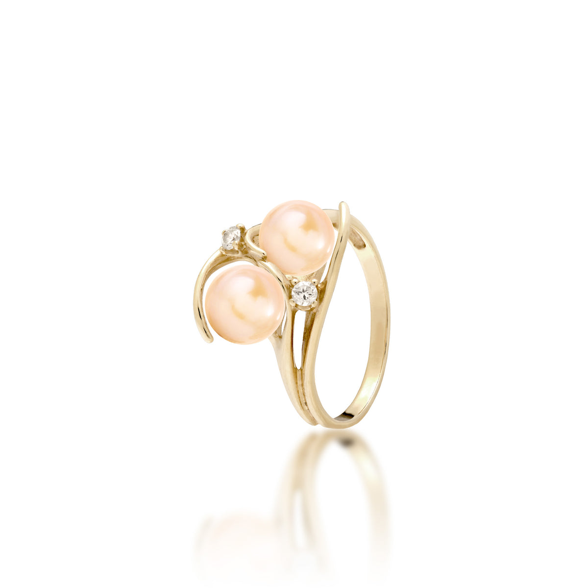 Pick A Pearl Ring in 14k yellow Gold with Diamonds and Double Peach Pearls on a white background