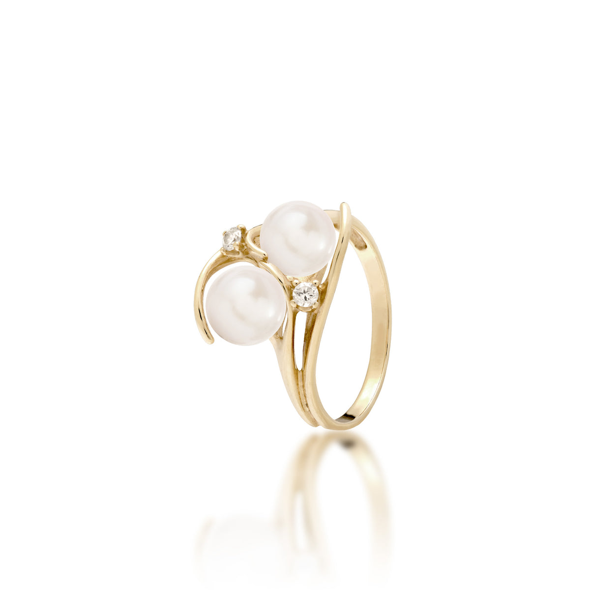 Pick A Pearl Ring in 14k yellow Gold with Diamonds and Double White Pearls on a white background