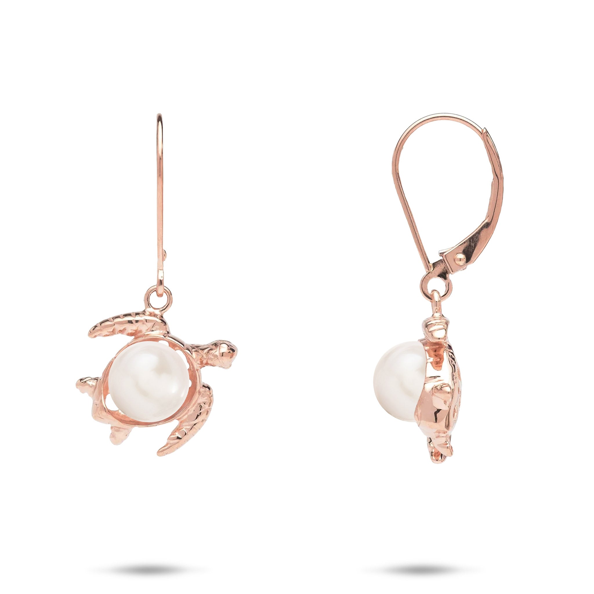 13mm Pick A Pearl Honu Earrings in Rose Gold with White Pearls on a white background
