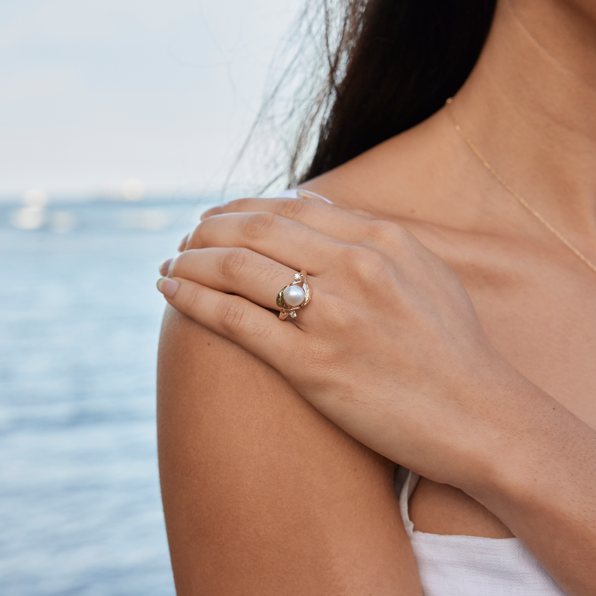 Pick A Pearl Maile Ring in Gold with Diamonds