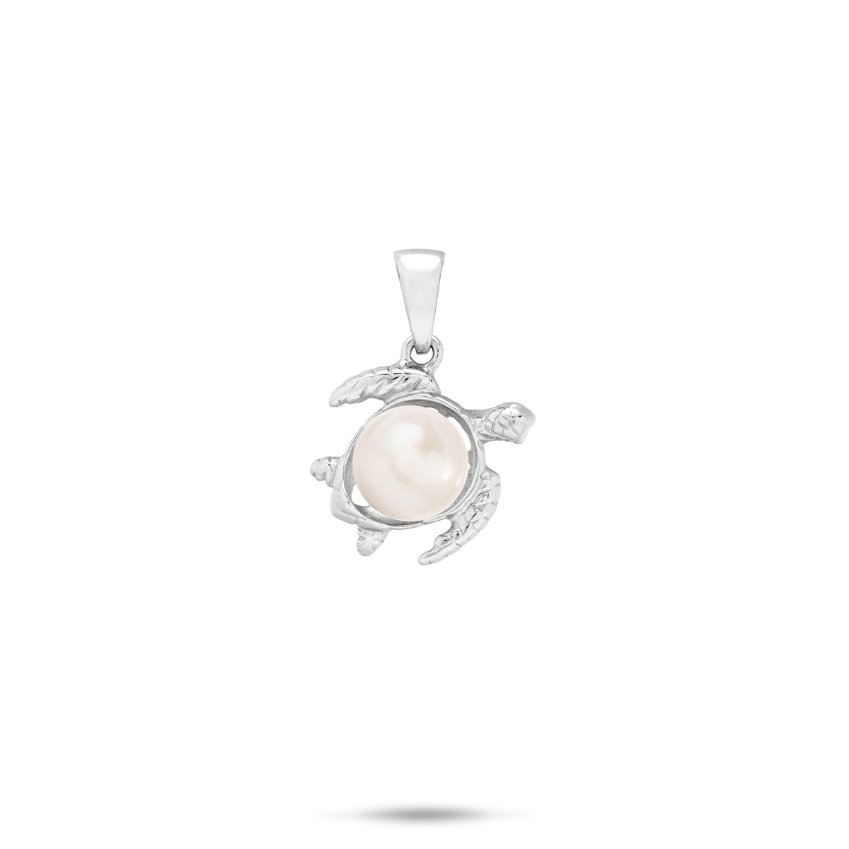 12mm Pick A Pearl Honu Pendant in Sterling Silver with a White Freshwater Pearl placed on the back to replicate a turtle shell, centered on a white background