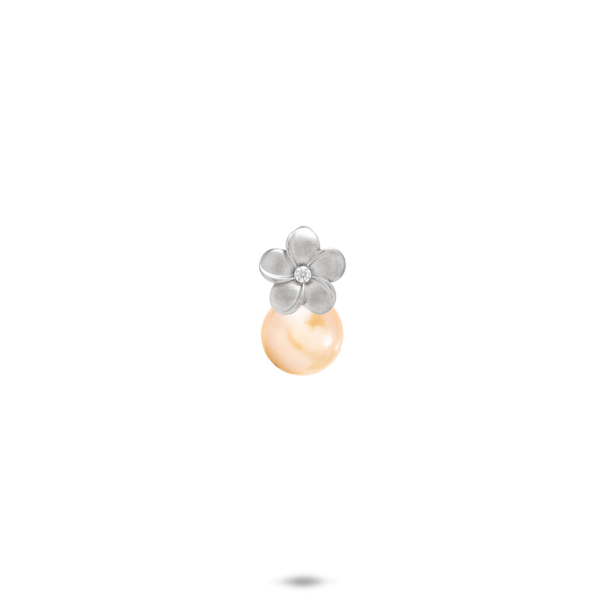 8mm Pick A Pearl Plumeria Pendant in Sterling Silver with a Cubic Zirconia and Peach Pearl on a white background