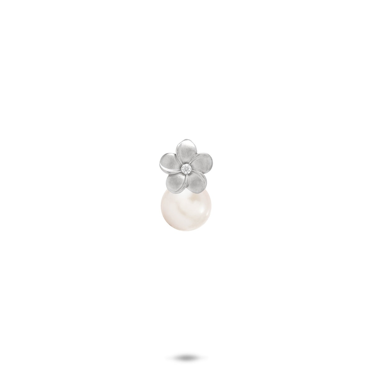 8mm Pick A Pearl Plumeria Pendant in Sterling Silver with a Cubic Zirconia and White Pearl on a white background