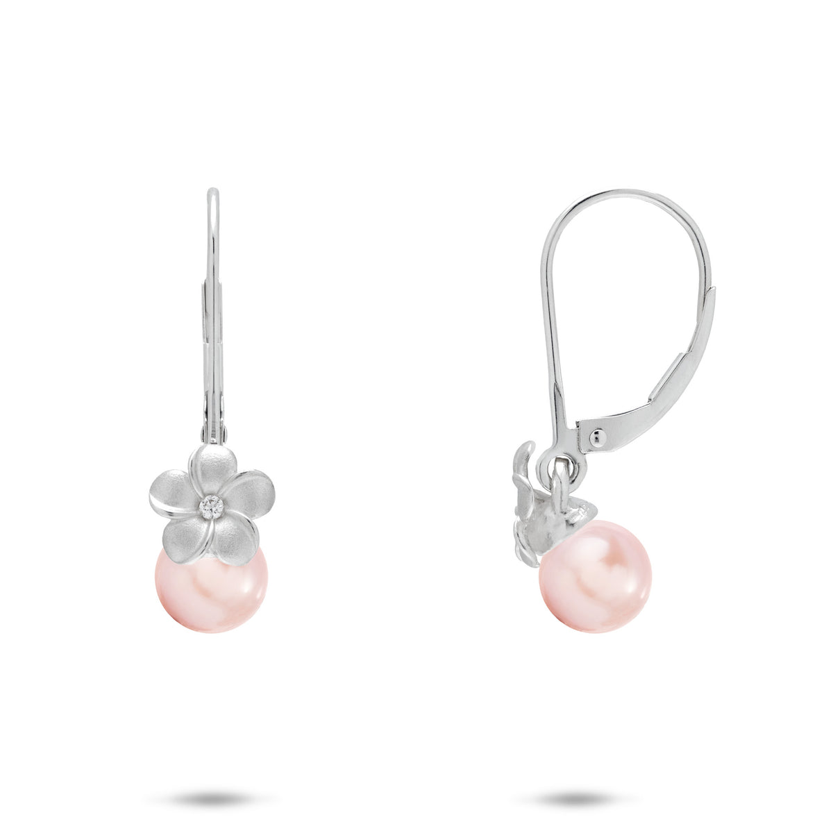 8mm Pick A Pearl Plumeria Earrings in Sterling Silver with Cubic Zirconia and Pink Pearls on a white background
