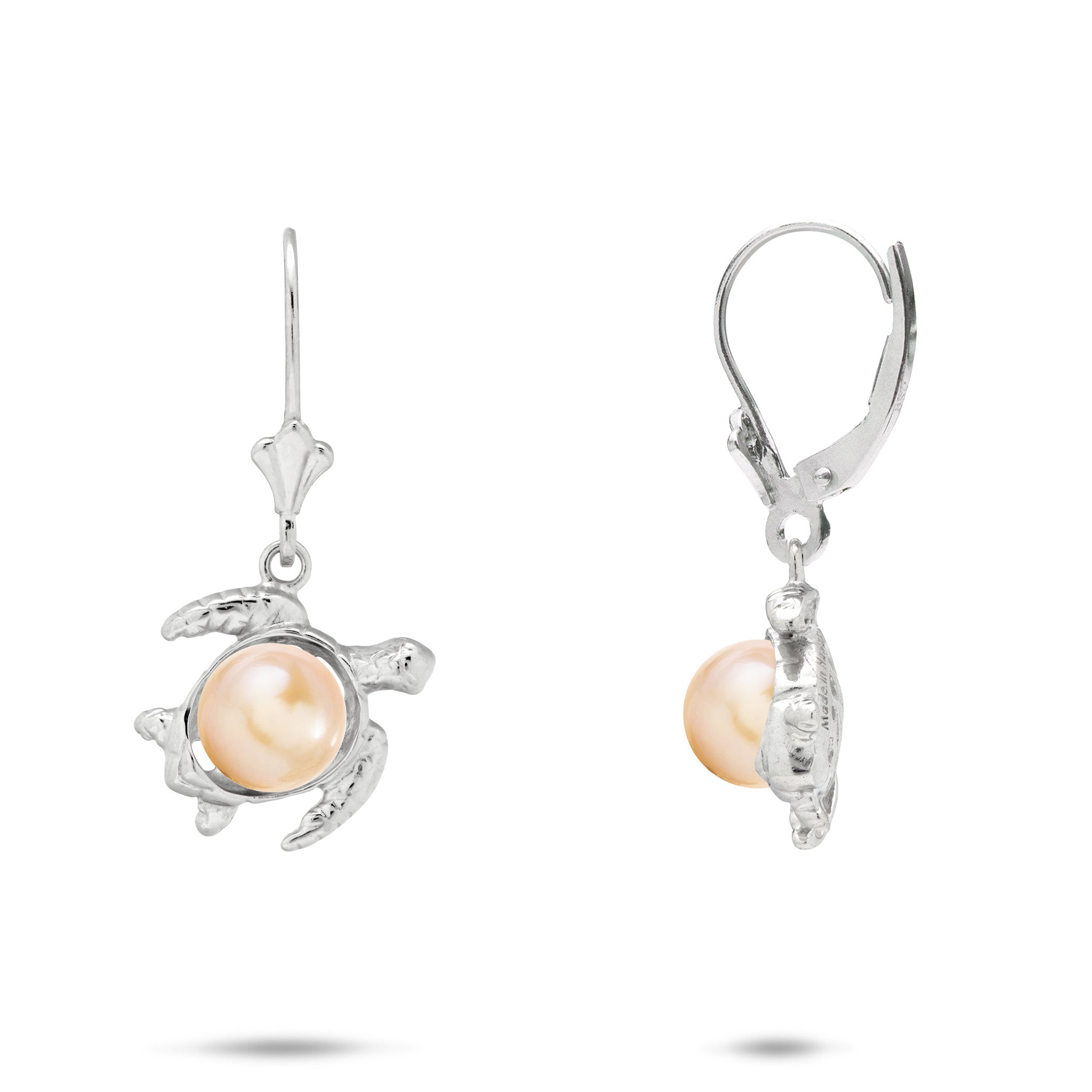 13mm Pick A Pearl Honu (Turtle) Earrings in Sterling Silver with Peach Pearls on a white background