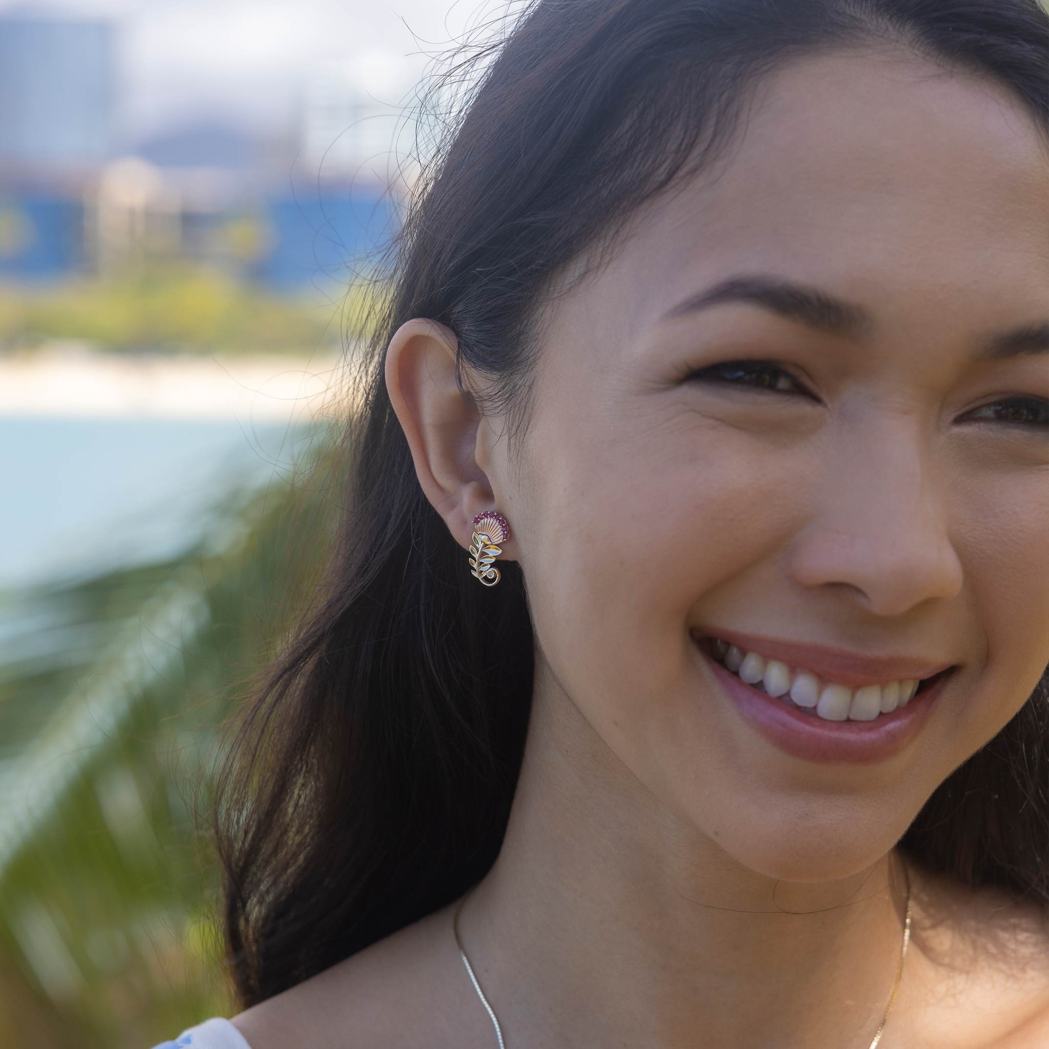 ʻŌhiʻa Lehua Ruby Earrings in Two Tone Gold with Diamonds - 19mm