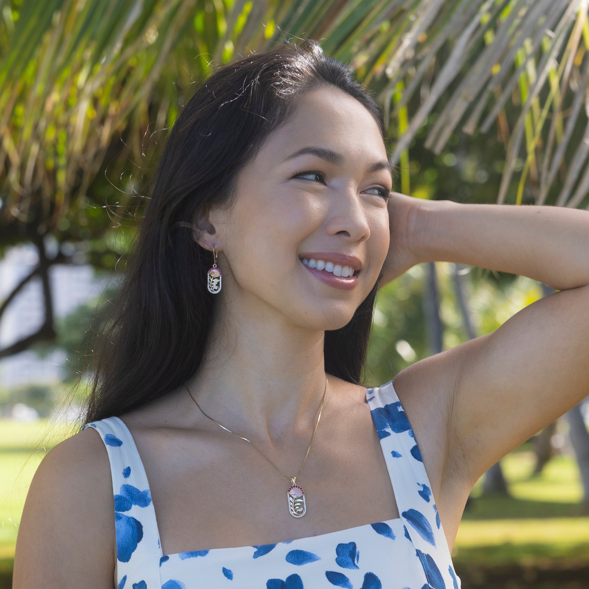 ʻŌhiʻa Lehua Ruby Earrings in Two Tone Gold with Diamonds - 24mm