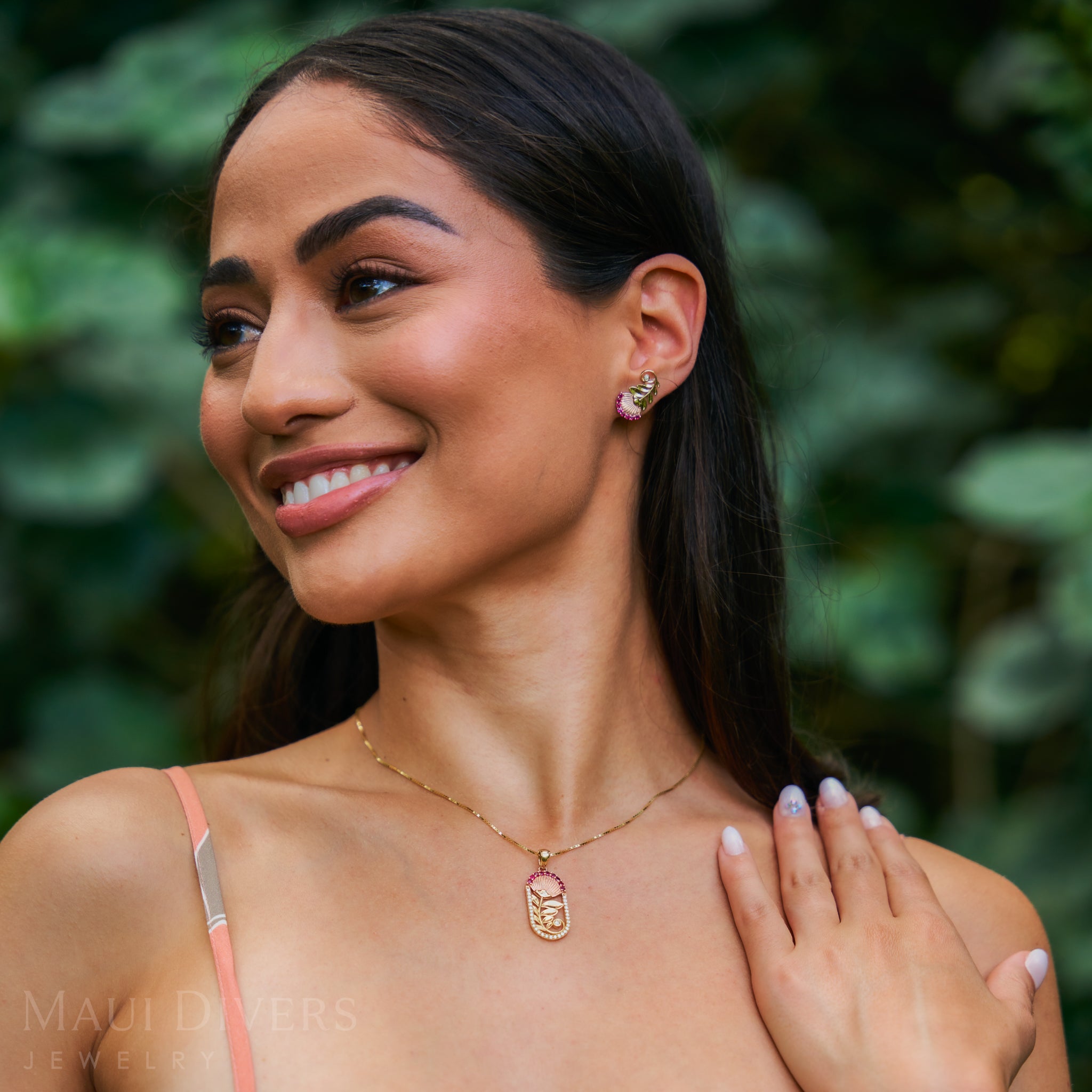 ʻŌhiʻa Lehua Ruby Pendant in Two Tone Gold with Diamonds - 27.5mm