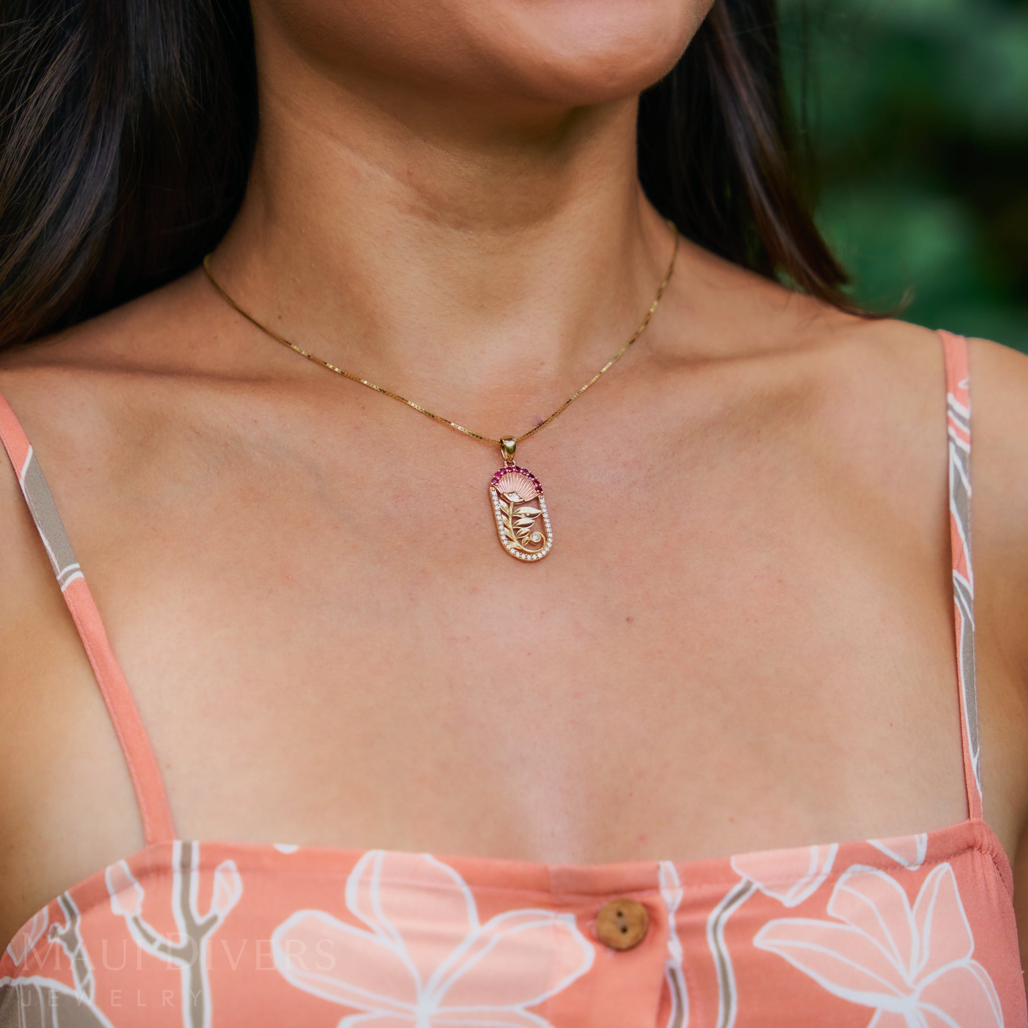 ʻŌhiʻa Lehua Ruby Pendant in Two Tone Gold with Diamonds - 27.5mm