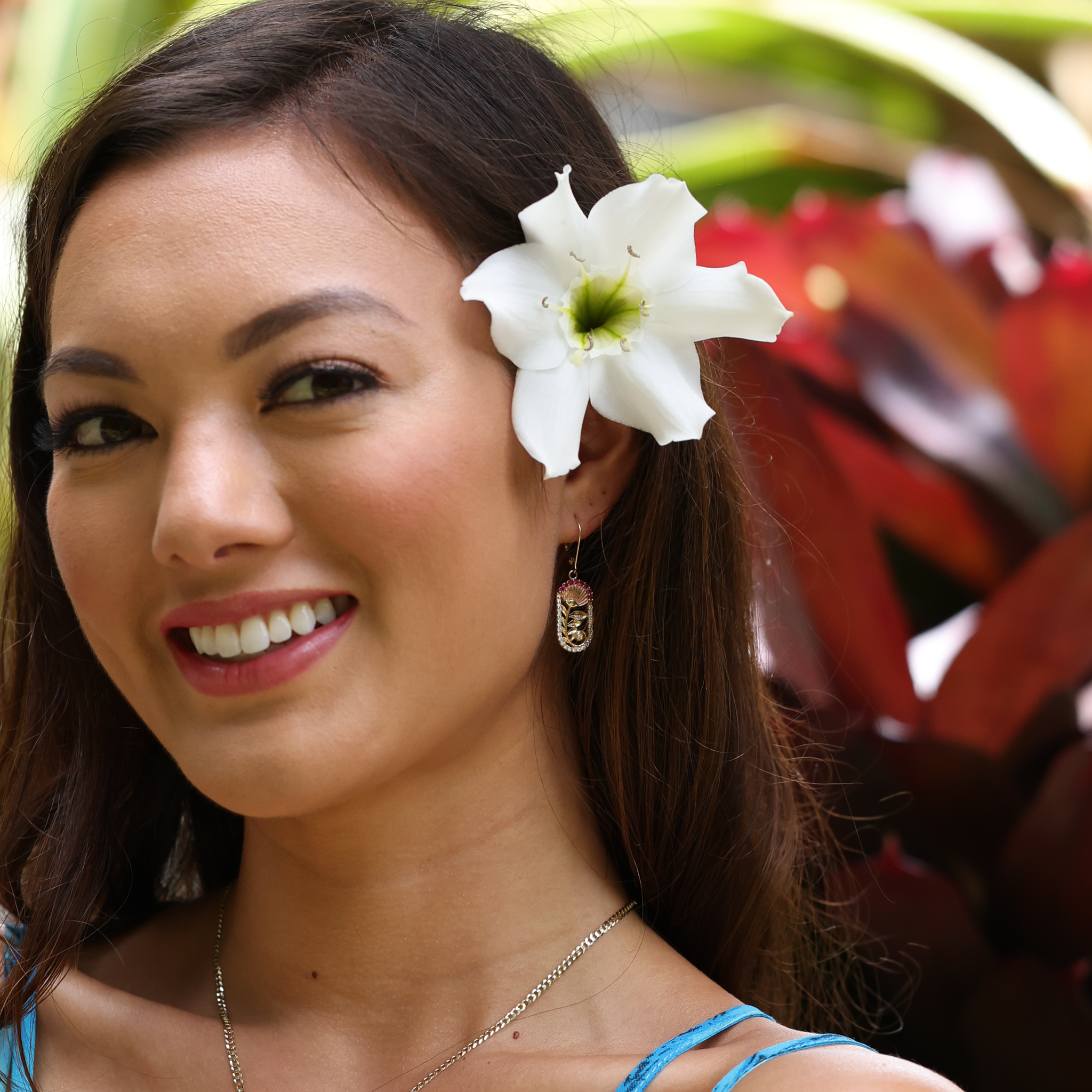 ʻŌhiʻa Lehua Ruby Earrings in Two Tone Gold with Diamonds - 24mm