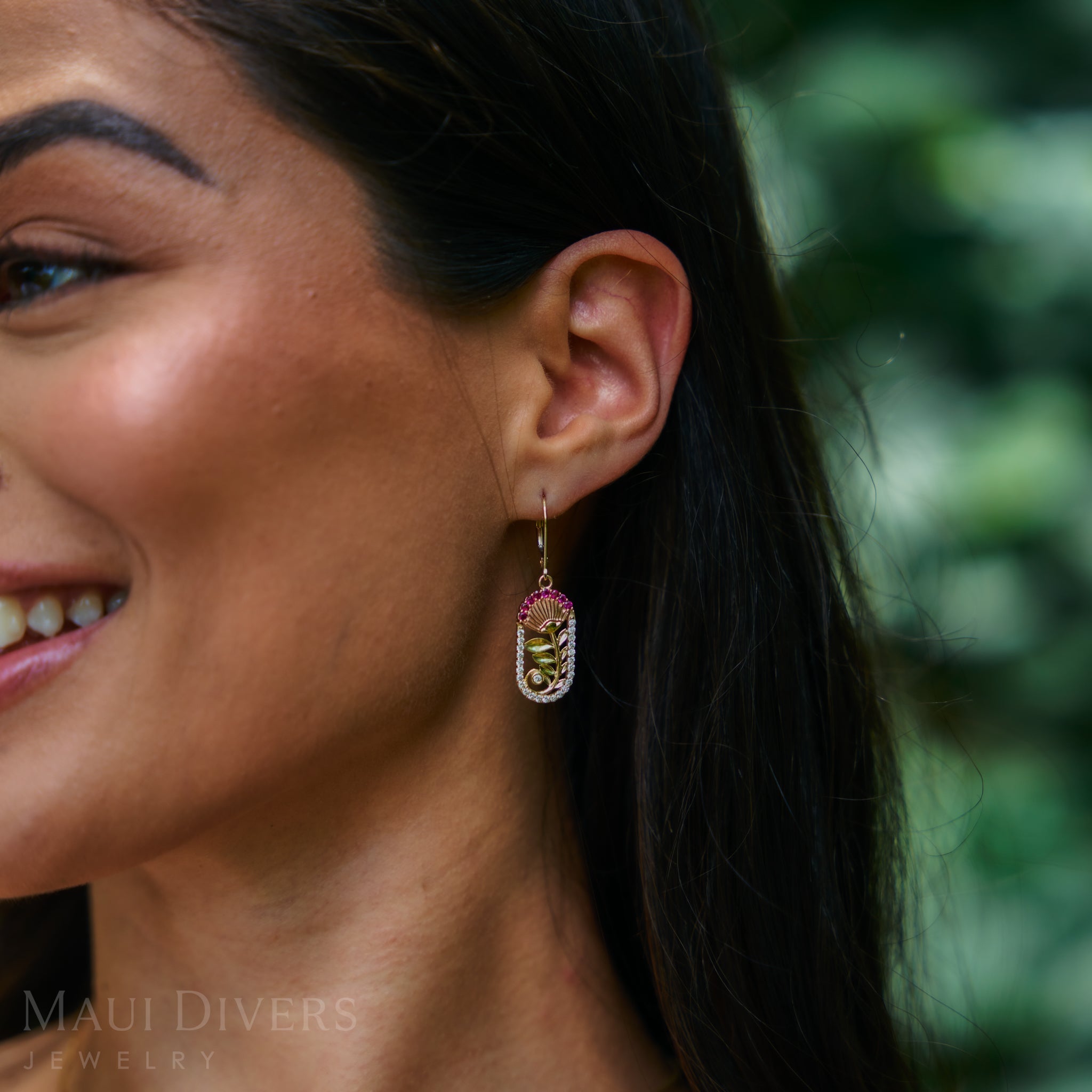 ʻŌhiʻa Lehua Ruby Earrings in Two Tone Gold with Diamonds - 24mm