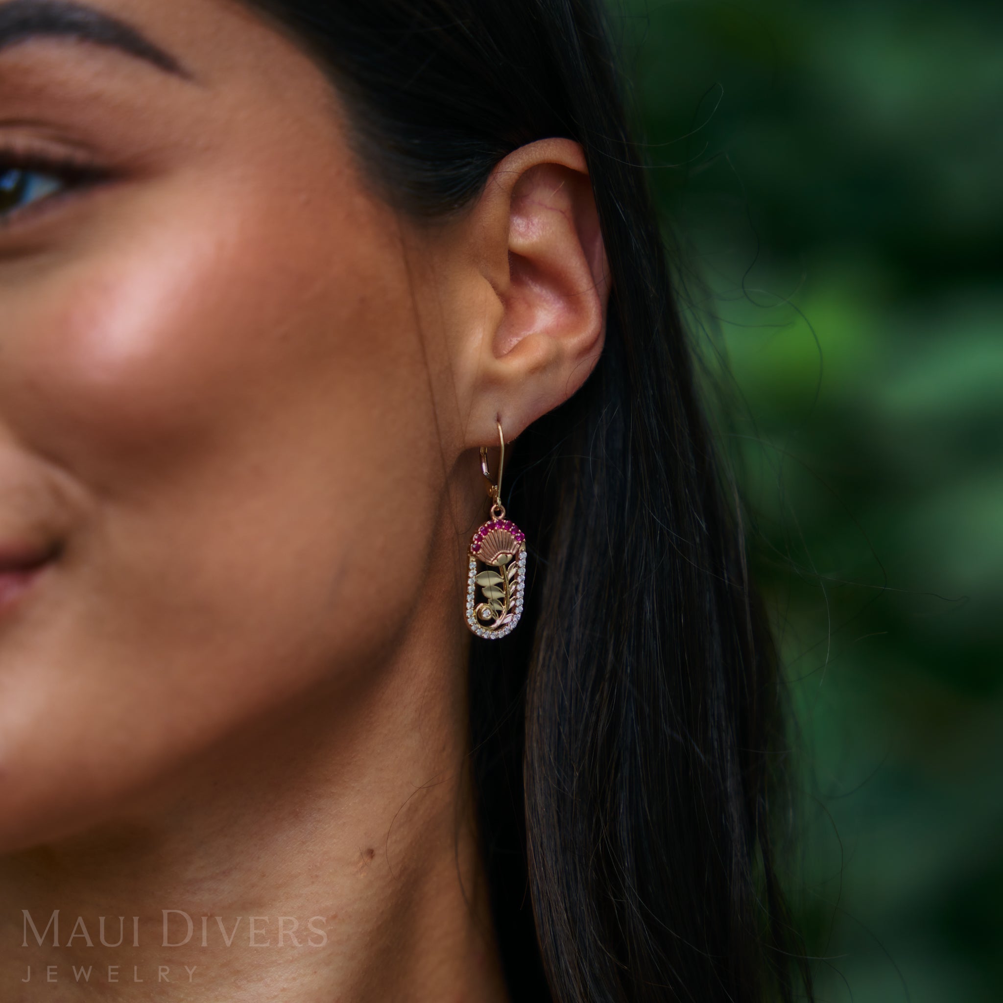 ʻŌhiʻa Lehua Ruby Earrings in Two Tone Gold with Diamonds - 24mm