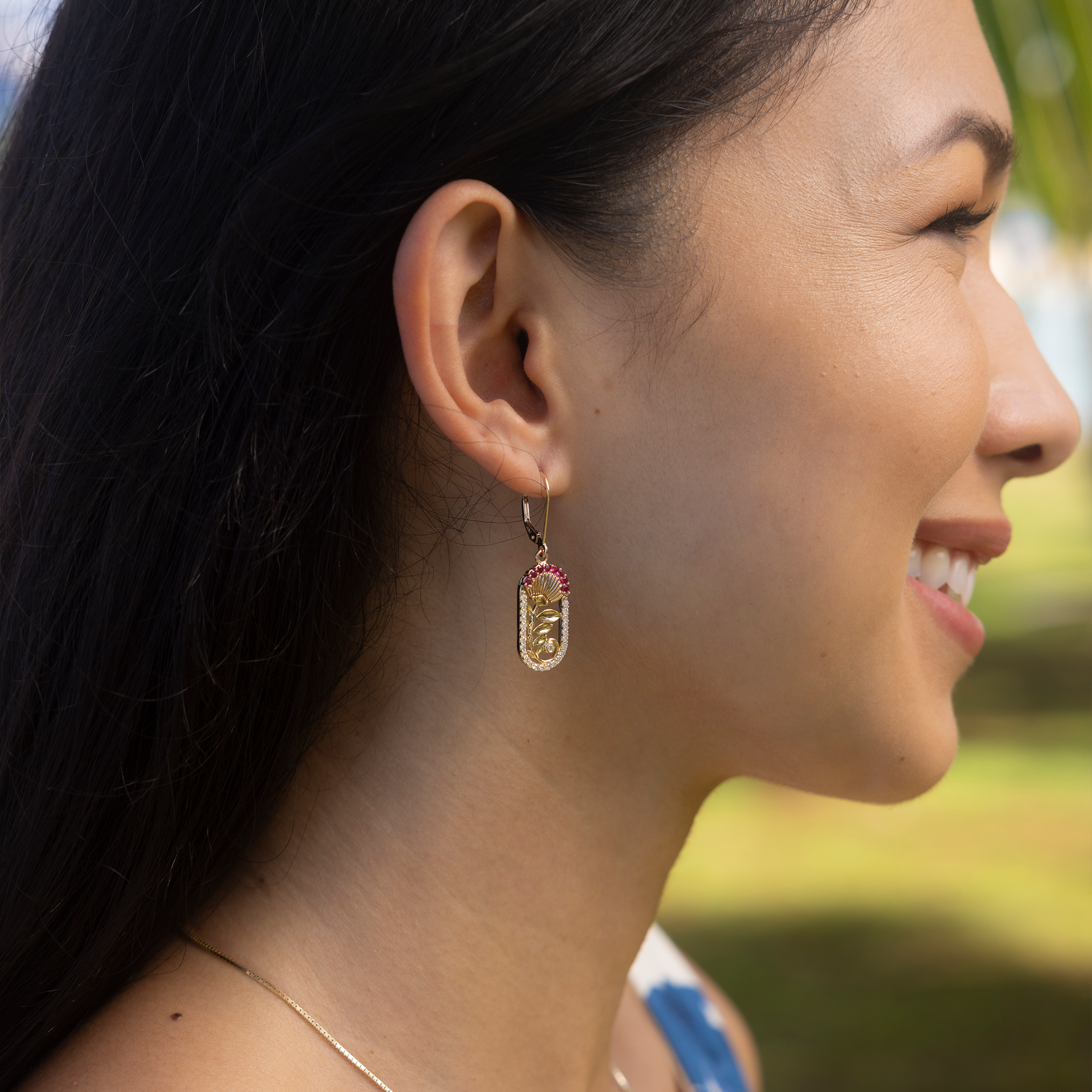 ʻŌhiʻa Lehua Ruby Earrings in Two Tone Gold with Diamonds - 24mm