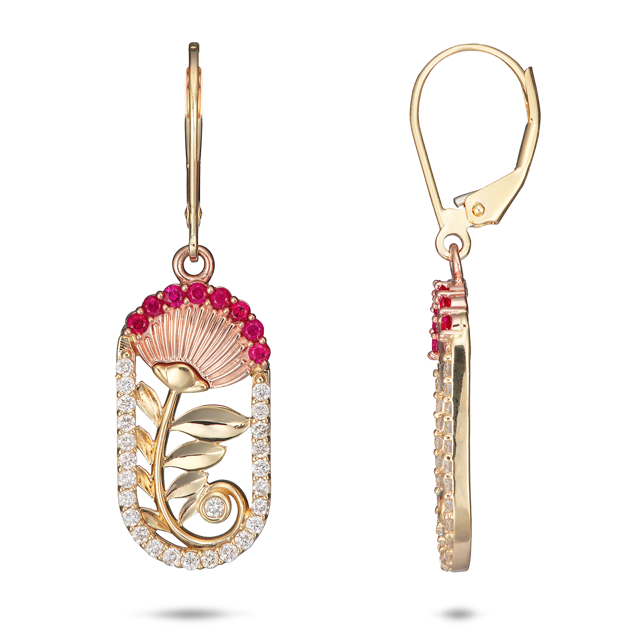 ʻŌhiʻa Lehua Ruby Earrings in Two Tone Gold with Diamonds - 24mm