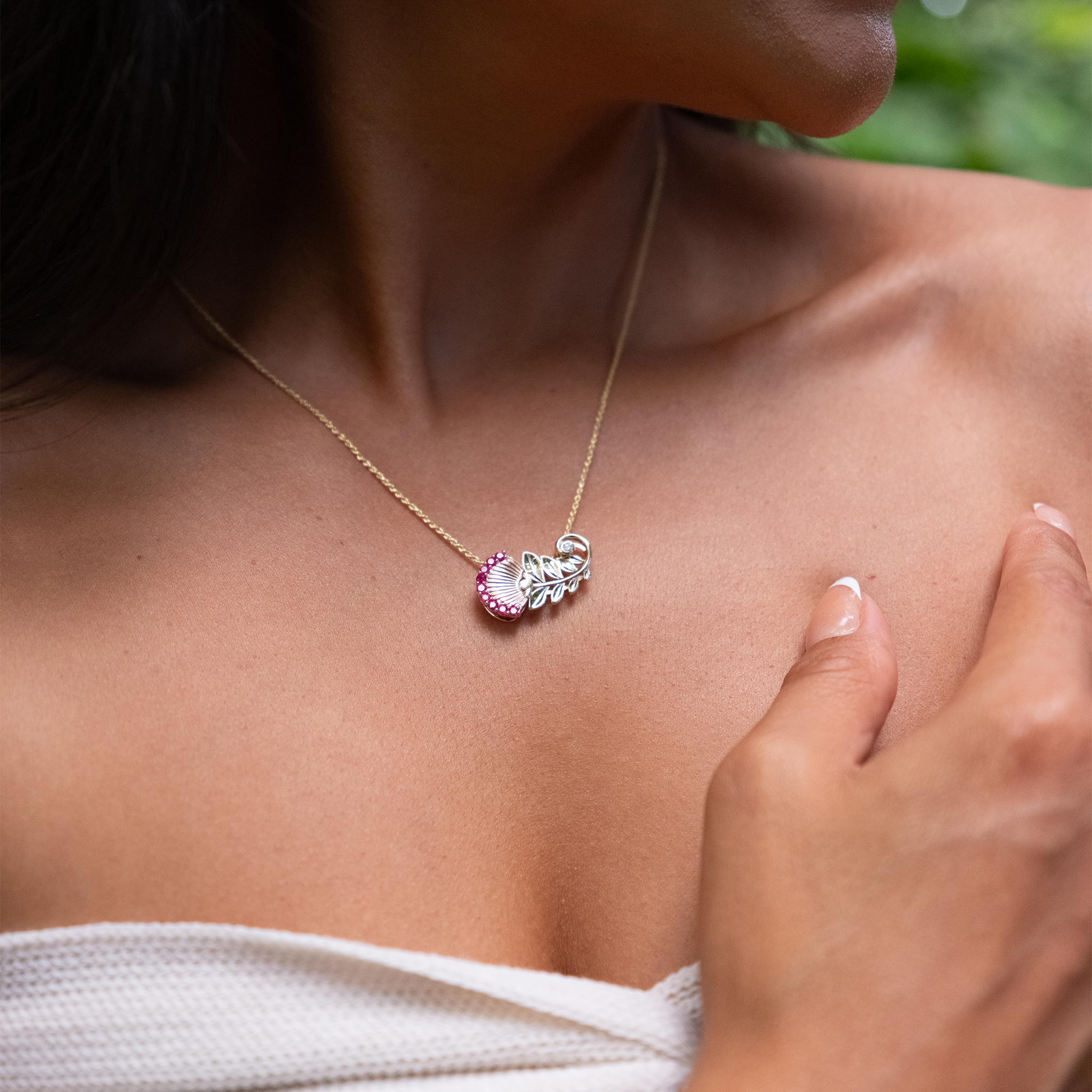 ʻŌhiʻa Lehua Ruby Pendant in Two Tone Gold with Diamonds - 24mm