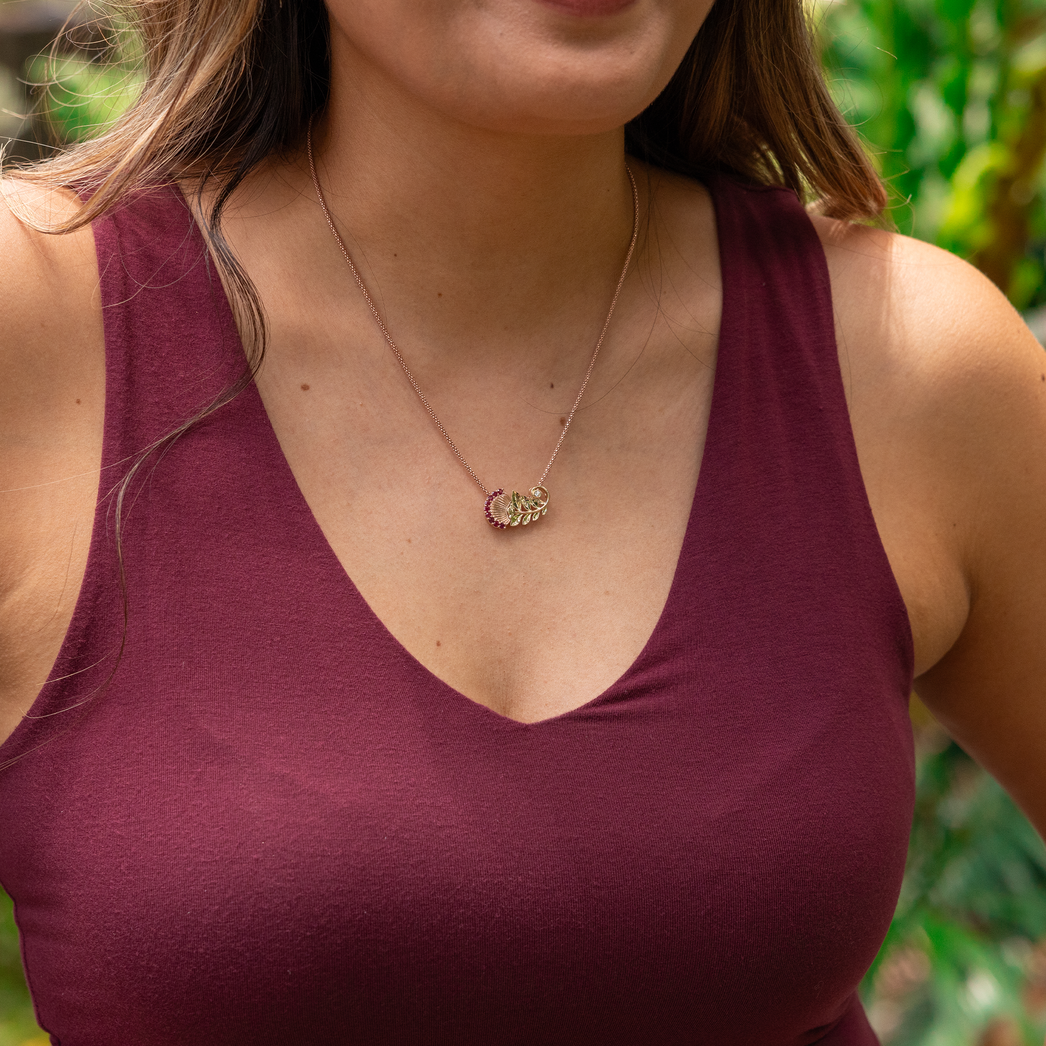 ʻŌhiʻa Lehua Ruby Pendant in Two Tone Gold with Diamonds - 24mm