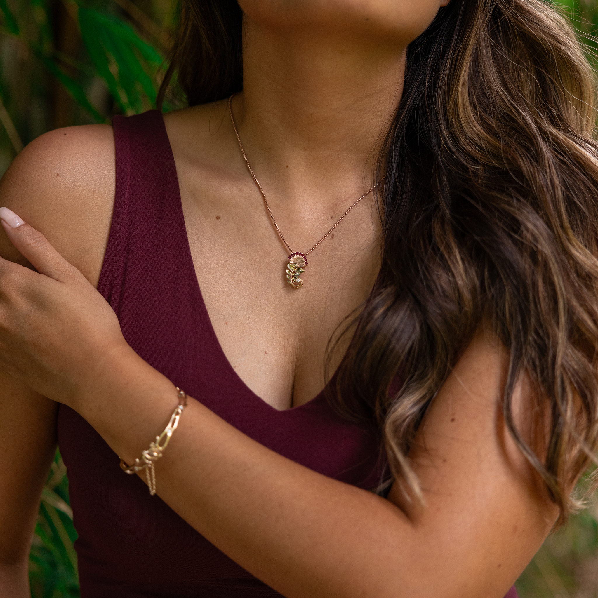 ʻŌhiʻa Lehua Ruby Pendant in Two Tone Gold with Diamonds - 24mm