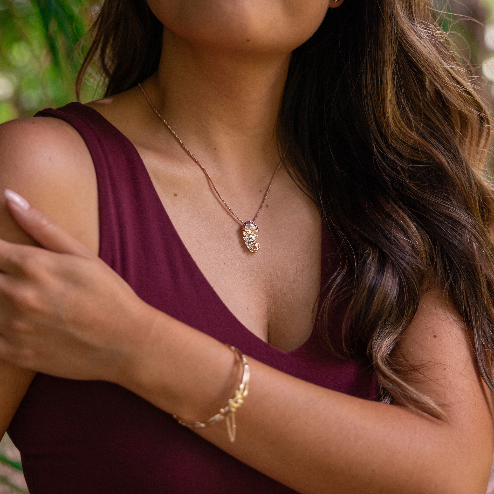 ʻŌhiʻa Lehua Ruby Pendant in Two Tone Gold with Diamonds - 24mm