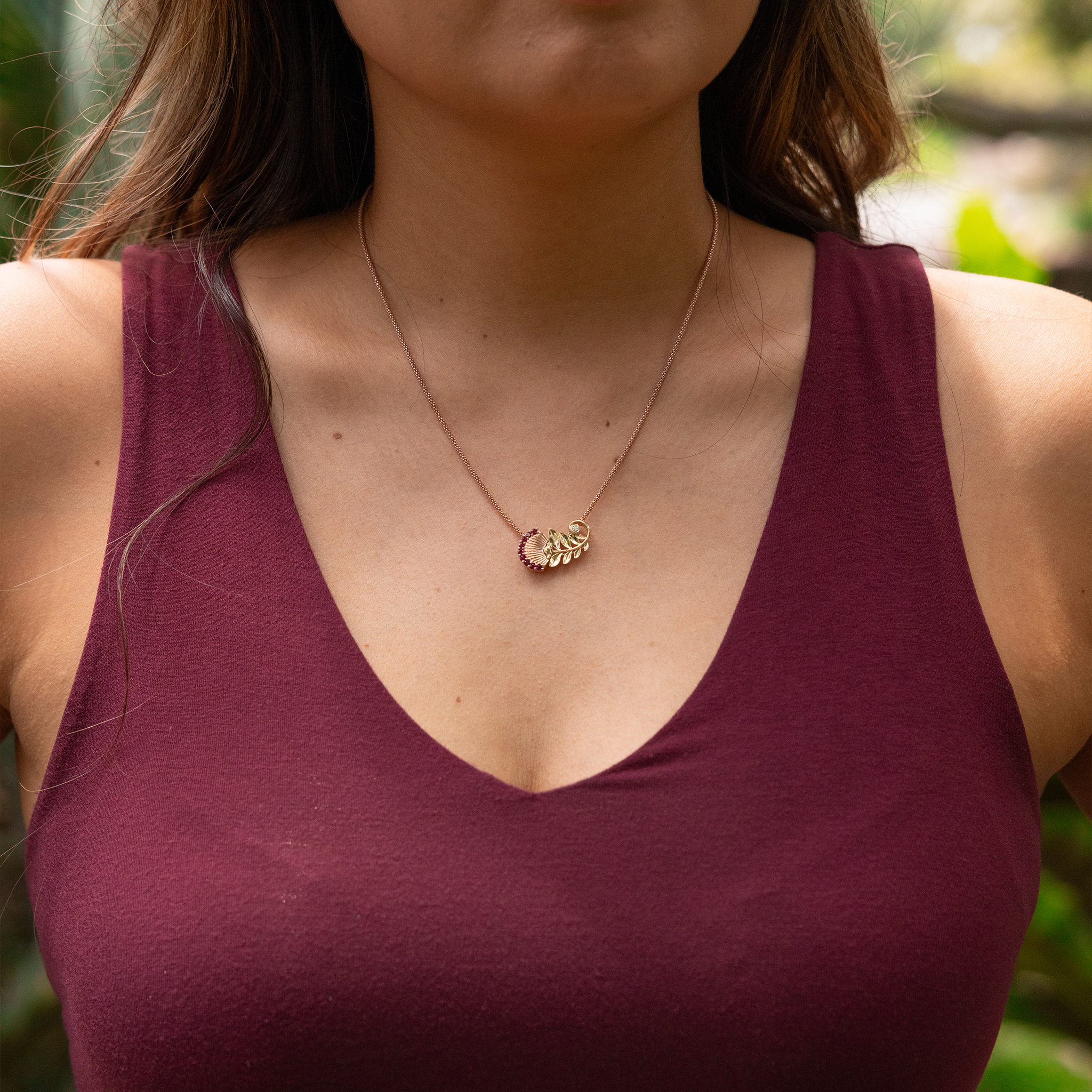 ʻŌhiʻa Lehua Ruby Pendant in Two Tone Gold with Diamonds - 24mm