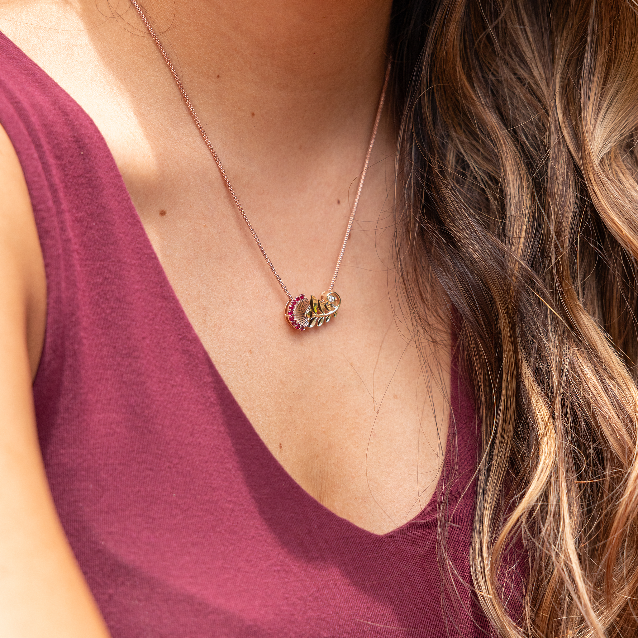ʻŌhiʻa Lehua Ruby Pendant in Two Tone Gold with Diamonds - 24mm