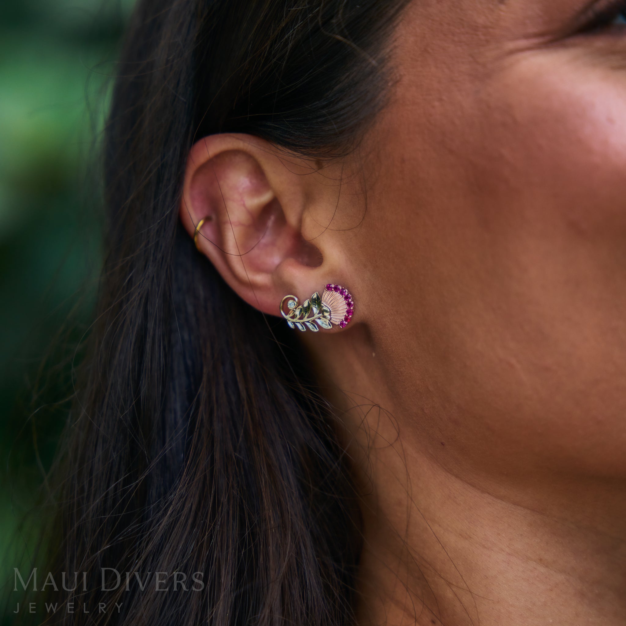 ʻŌhiʻa Lehua Ruby Earrings in Two Tone Gold with Diamonds - 19mm