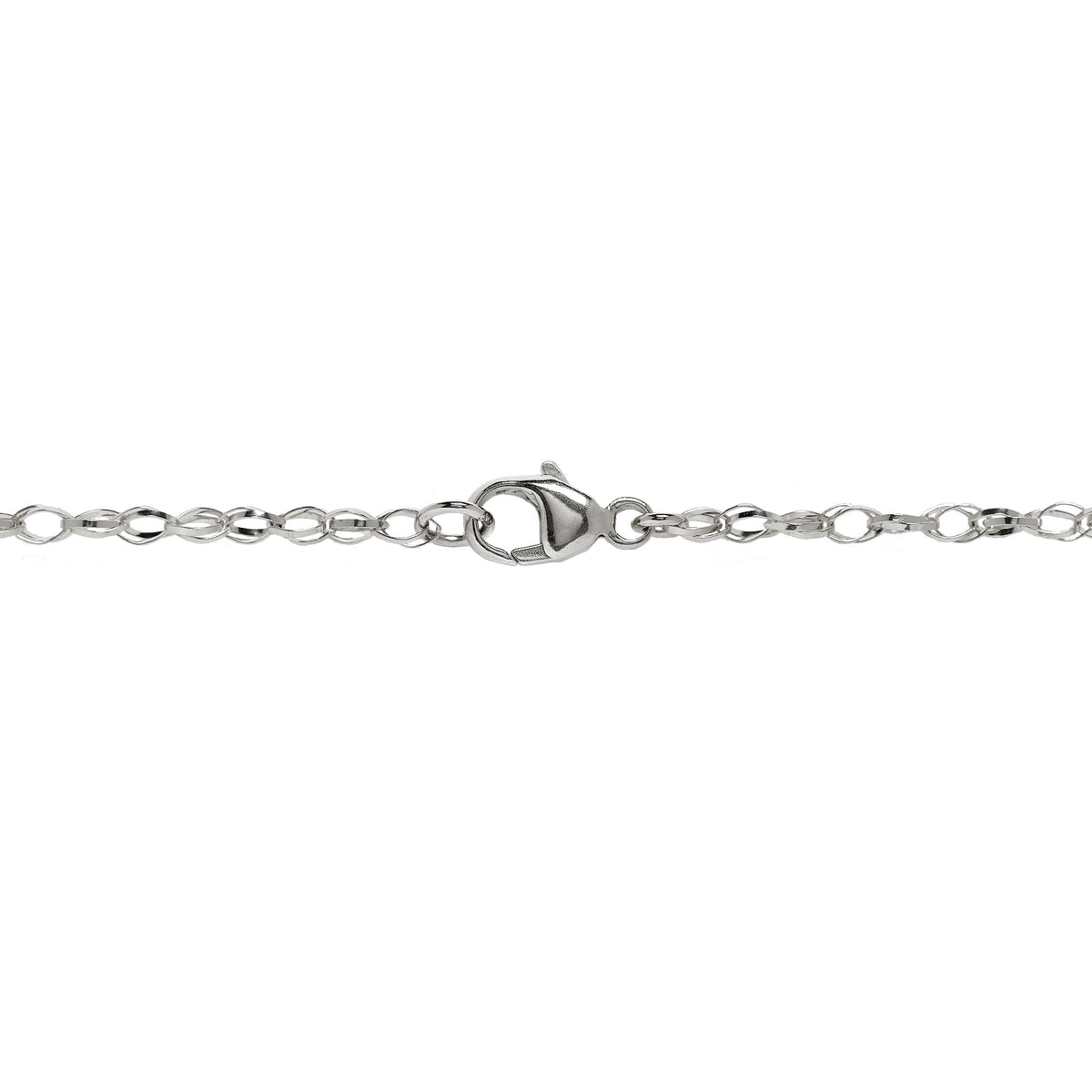 Detail shot of a 1.8mm Bella Link chain and lobster claw clasp against a white background