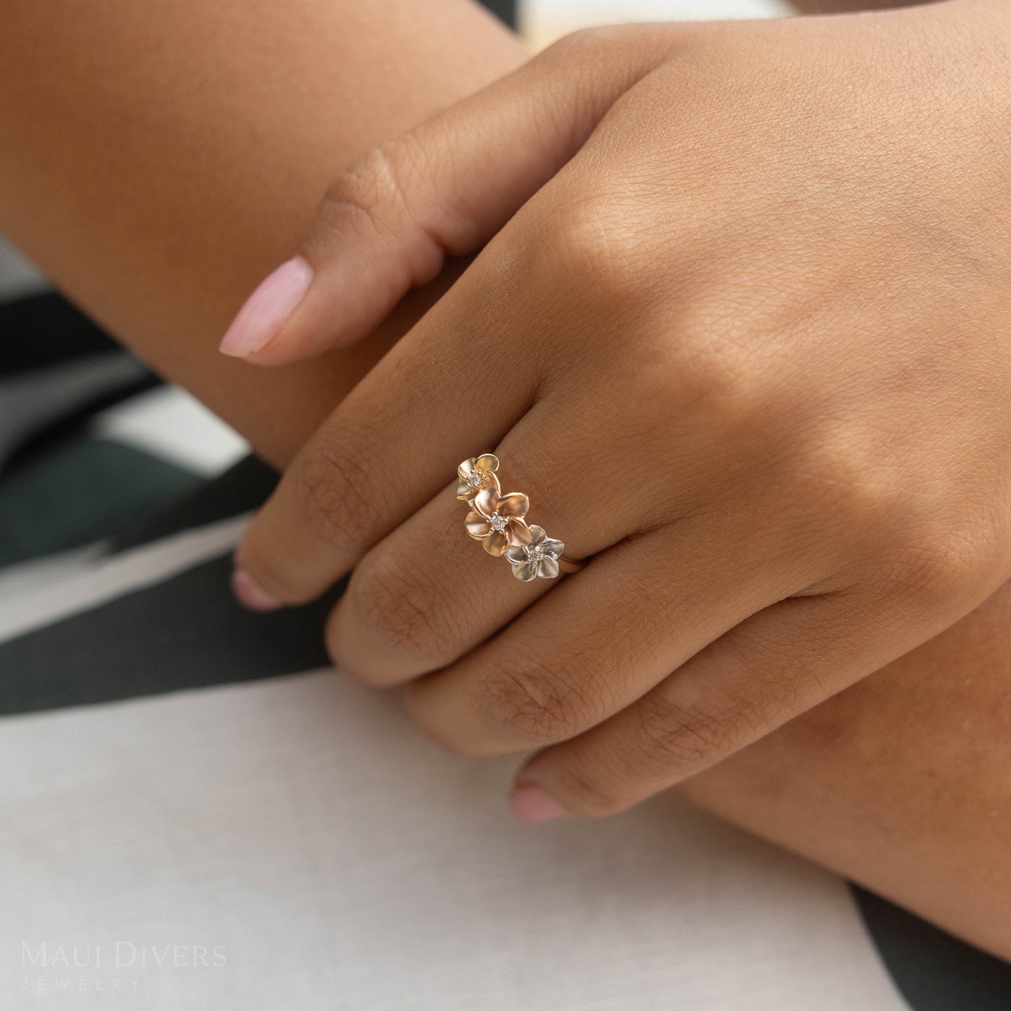 Plumeria Ring in Tri Color Gold with Diamonds - 8mm
