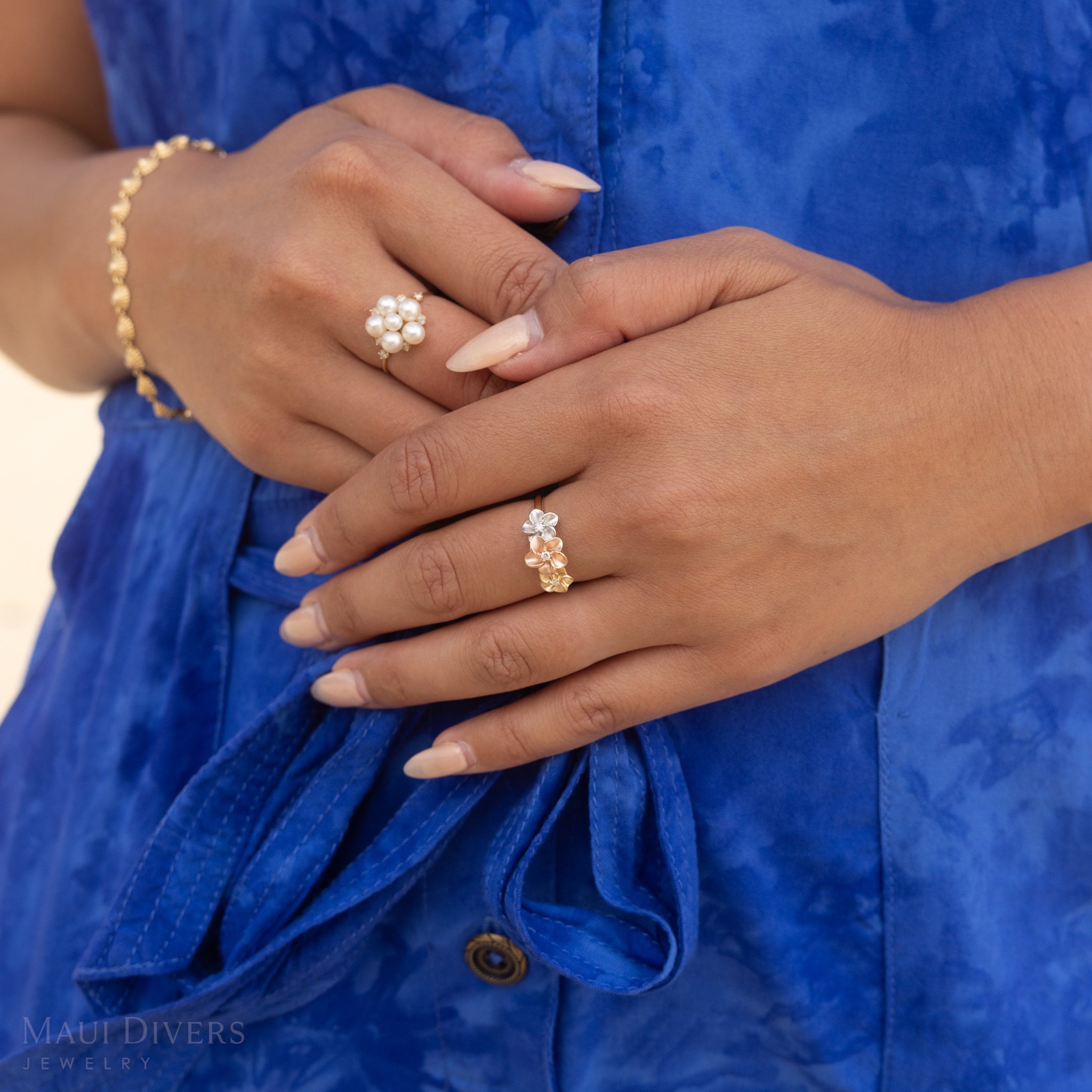 Plumeria Ring in Tri Color Gold with Diamonds - 8mm