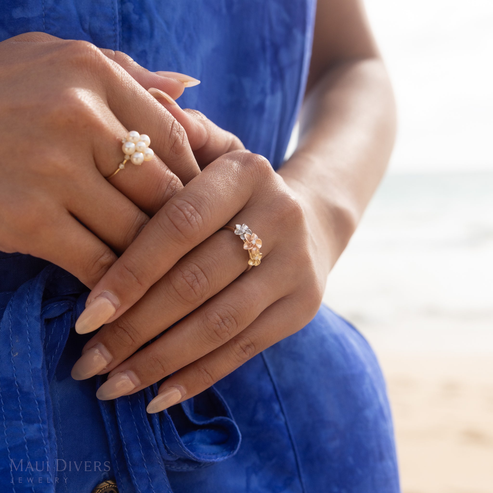 Plumeria Ring in Tri Color Gold with Diamonds - 8mm