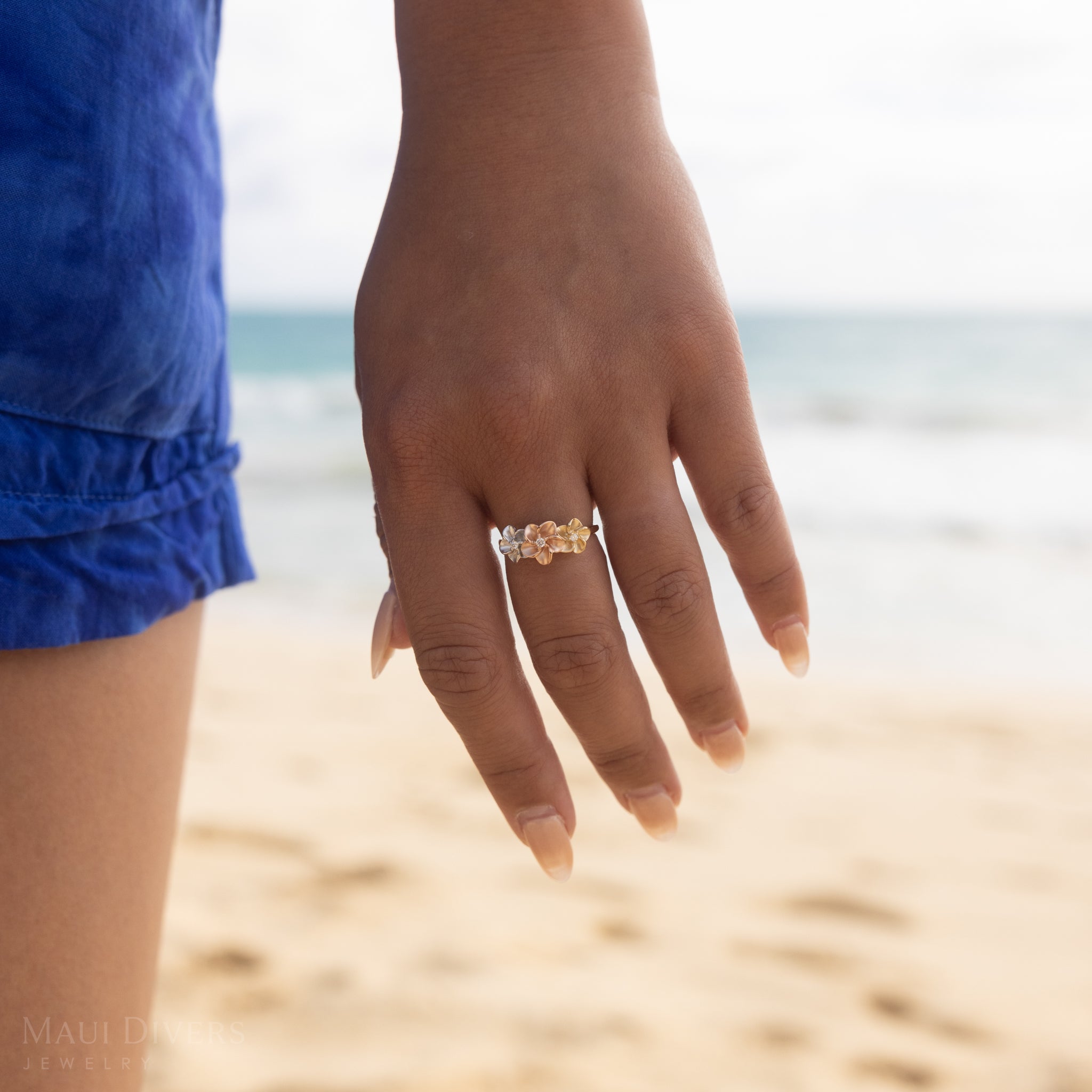 Plumeria Ring in Tri Color Gold with Diamonds - 8mm