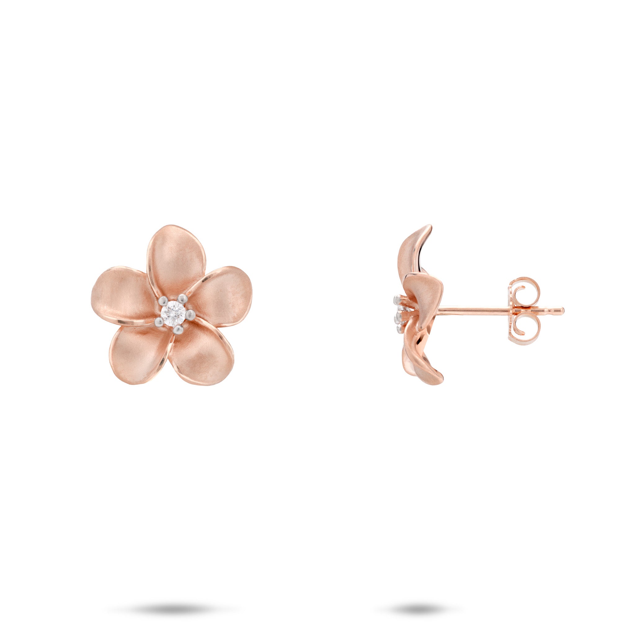 13mm Plumeria Earrings in 14k Rose Gold with Diamonds on a white background
