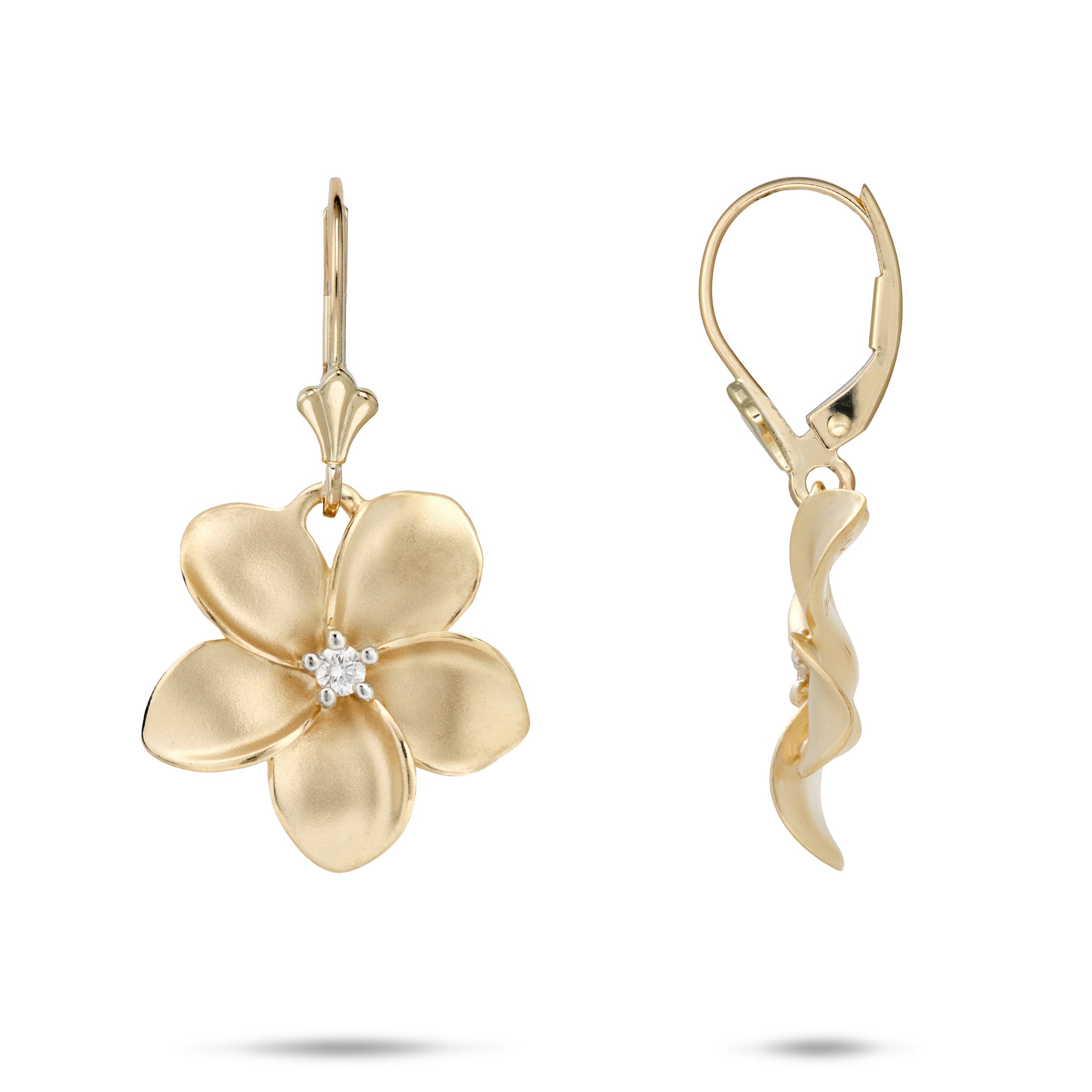 18mm Plumeria Earrings in 14k Yellow Gold with Diamonds on a white background