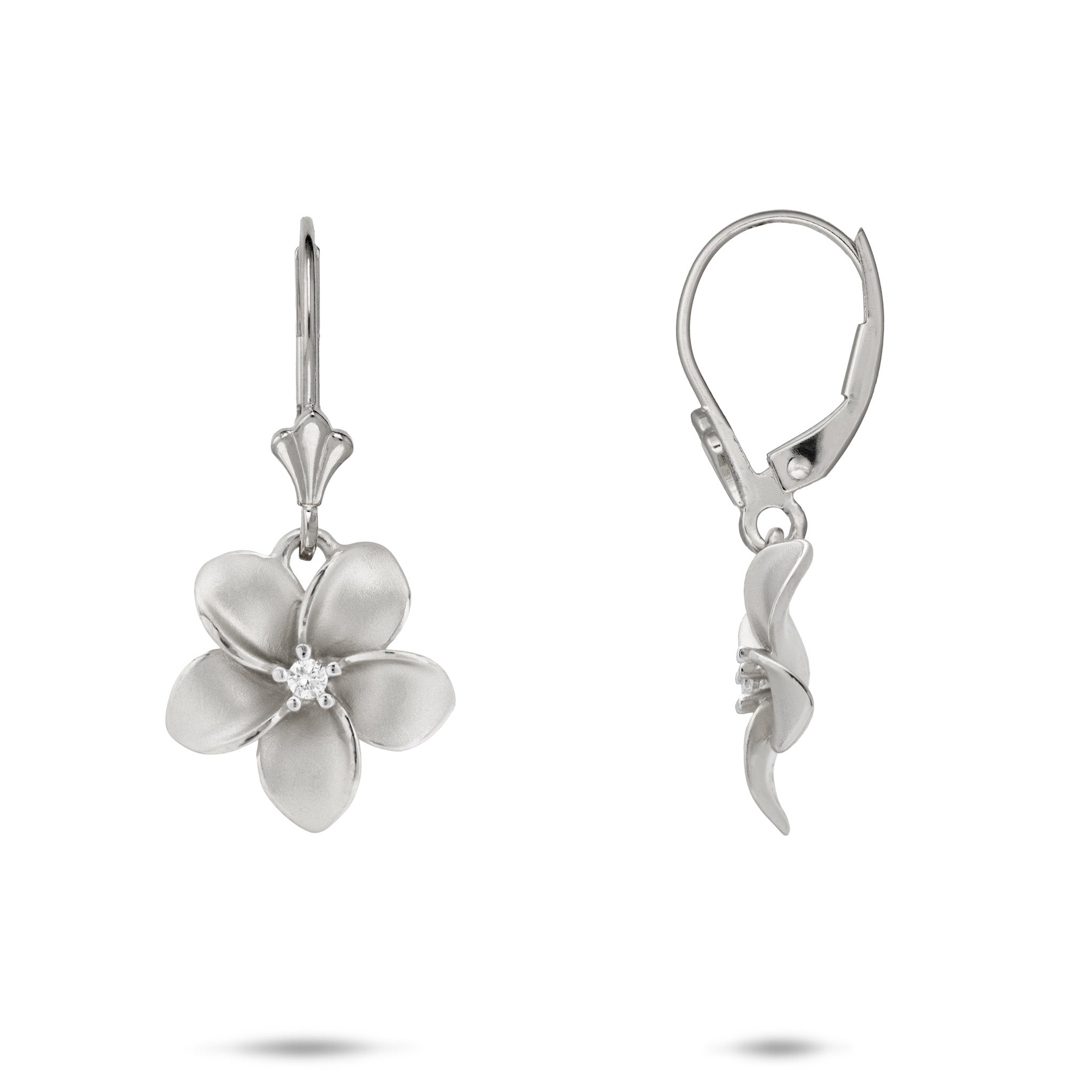 13mm Plumeria Leverback Earrings in White Gold with Diamonds on a white background