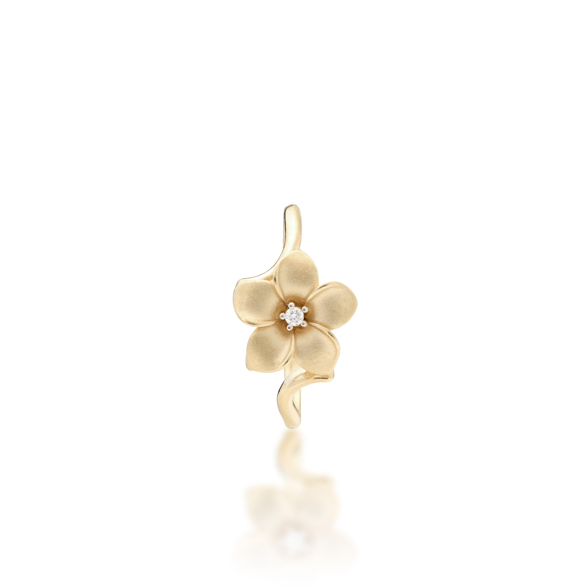 Top view of the 11mm Plumeria Ring in Gold with Diamond on a white background