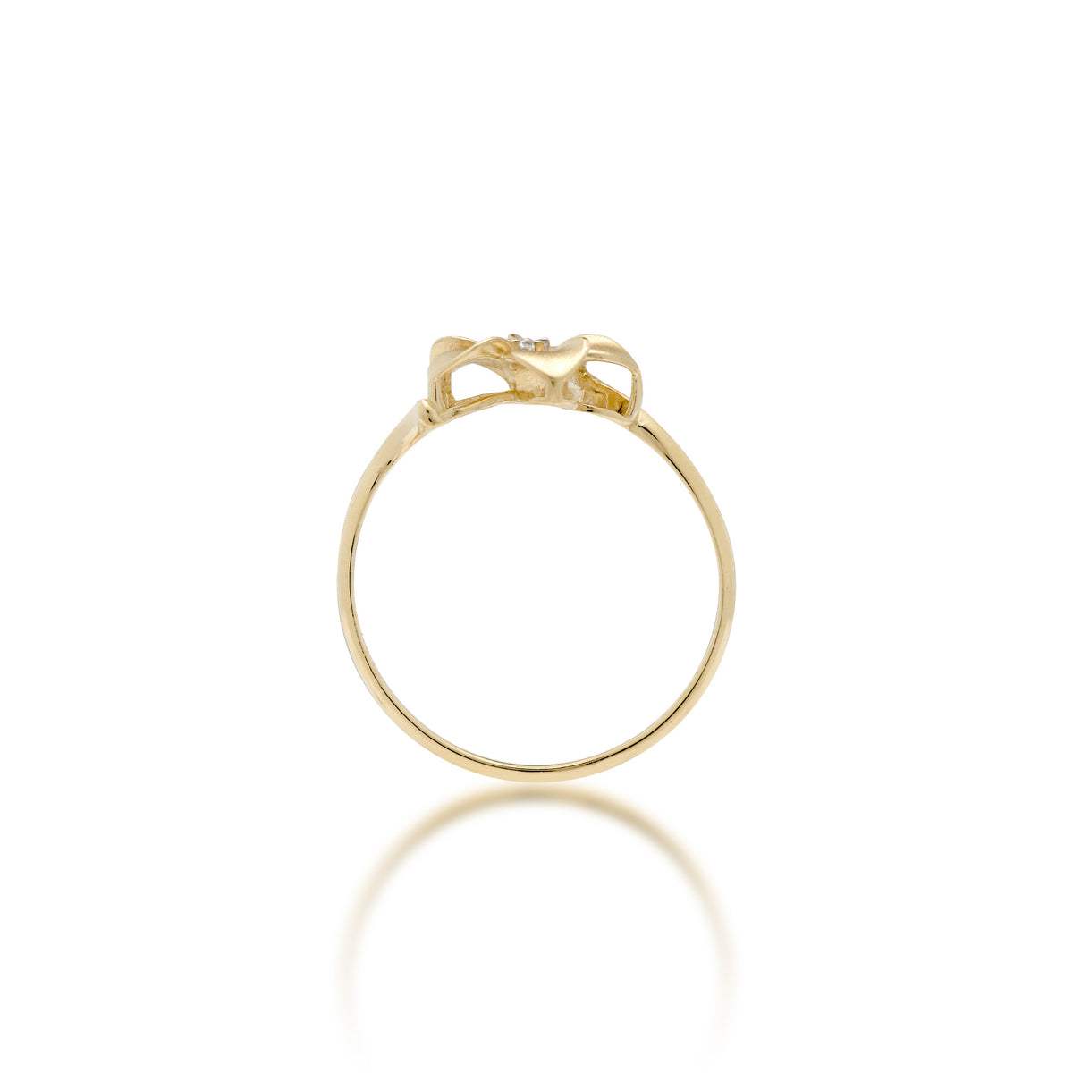 A profile view of a 14k yellow gold plumeria flower ring with a diamond accent in the center and satin finished petals with high-polish edges, shown on a white background