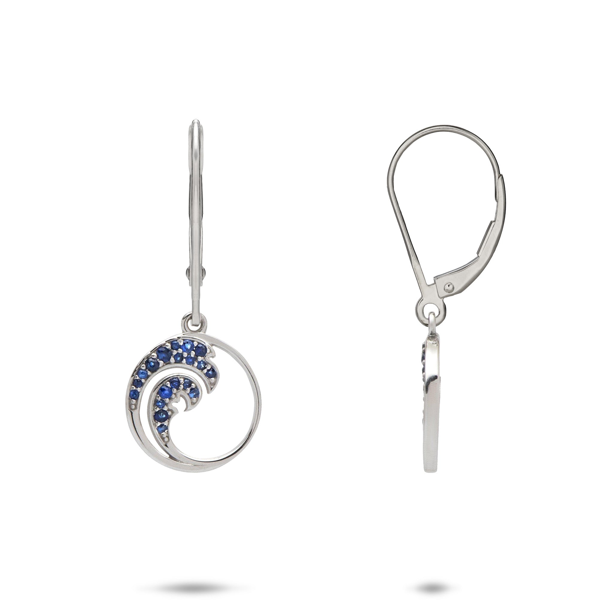 Nalu Leverback Earrings in White Gold with Blue Sapphires on a white background