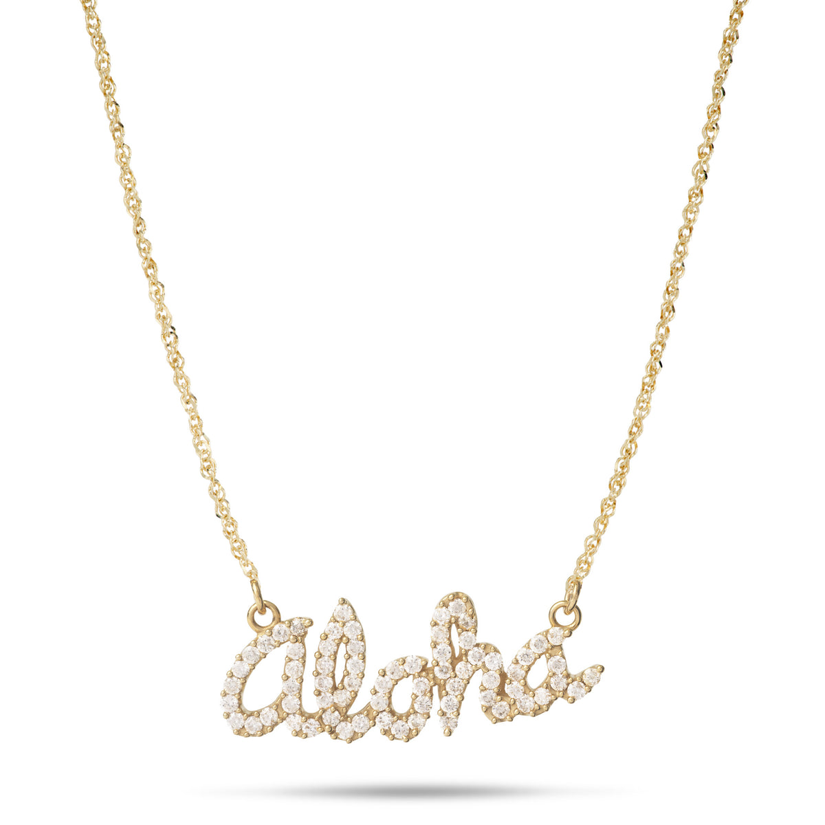 A 14k yellow gold scrip necklace with a pave diamond ʻAlohaʻ script design with a 0.9mm baby rope chain, shown on a white background with a shadow