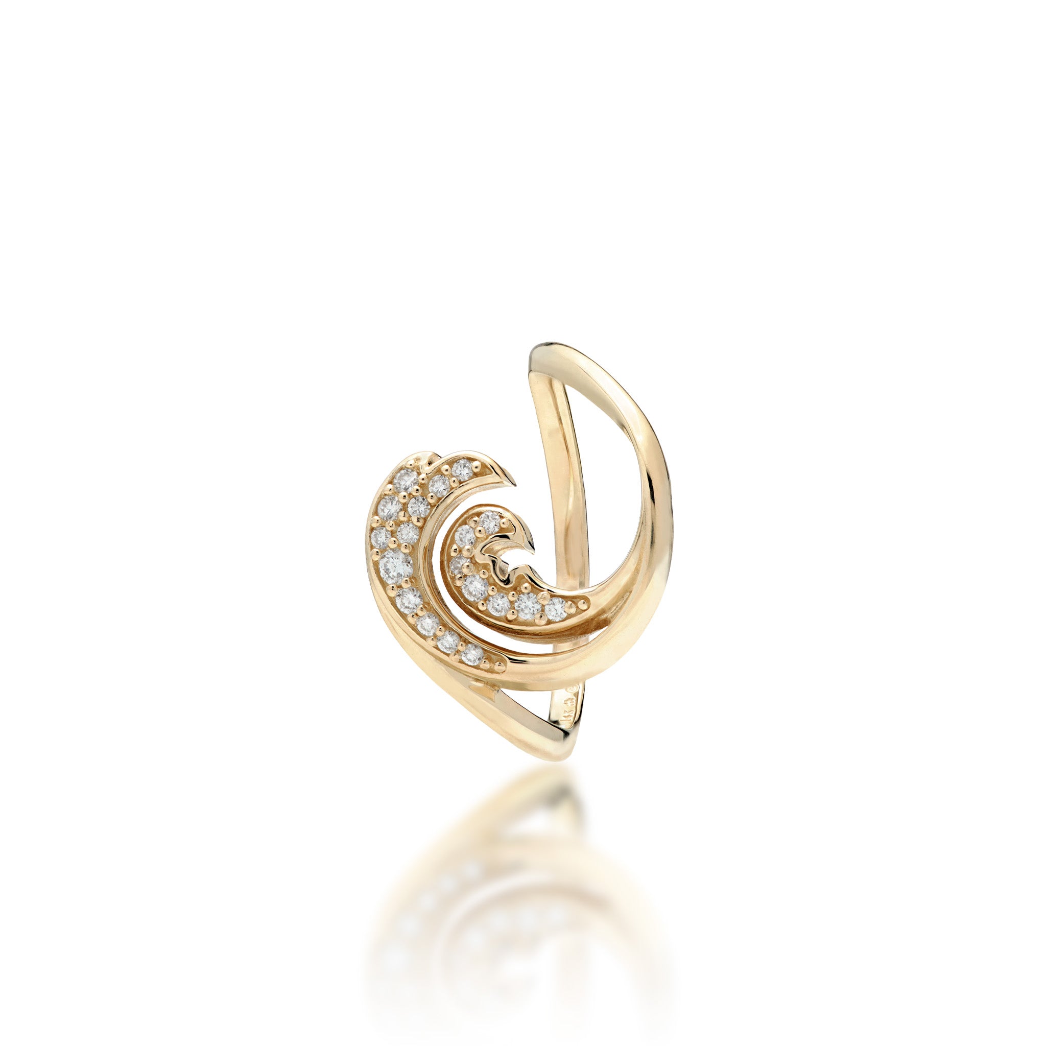 Front View of a 15mm Nalu Ring in 14k Yellow Gold with Diamonds, Double wave design on a white background