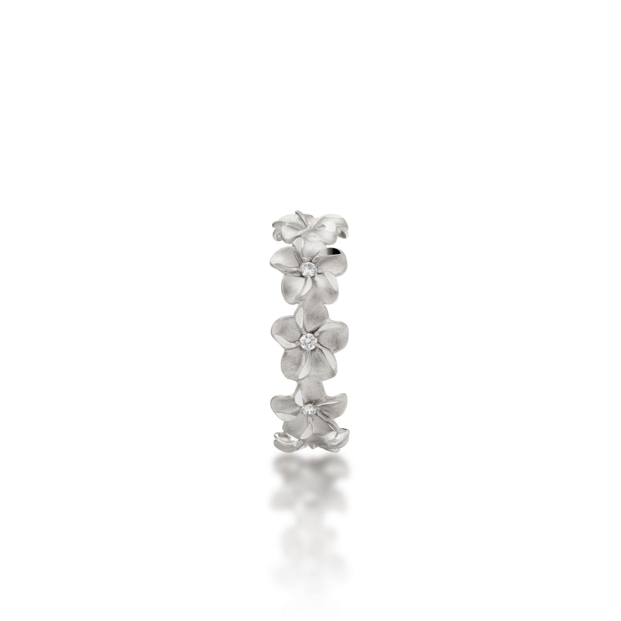 Top view of the 6mm Plumeria Eternity Ring in 14k White Gold with Diamonds